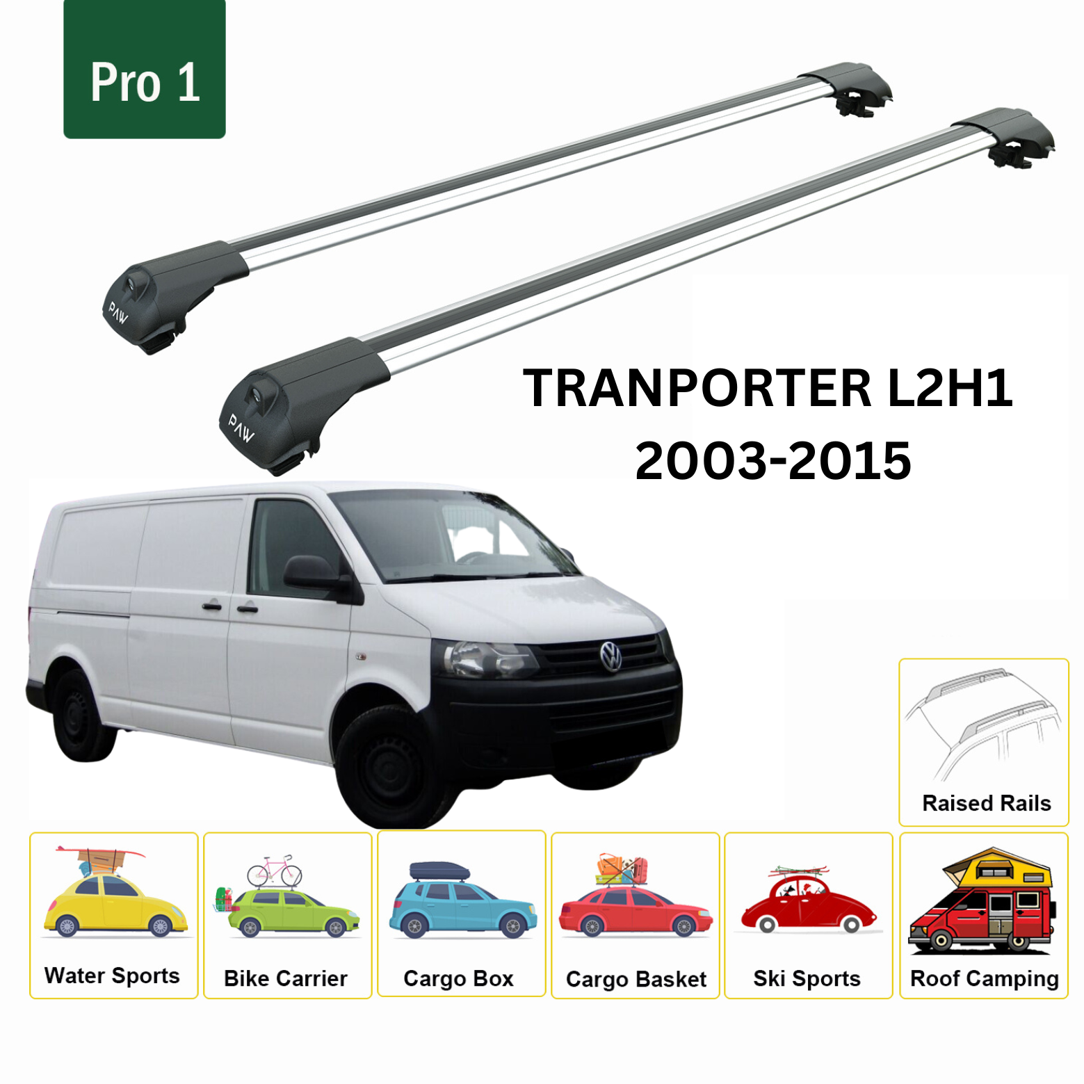 For Volkswagen Transporter T5 2003-2015 SWB Roof Rails and Roof Rack Cross Bar Silver