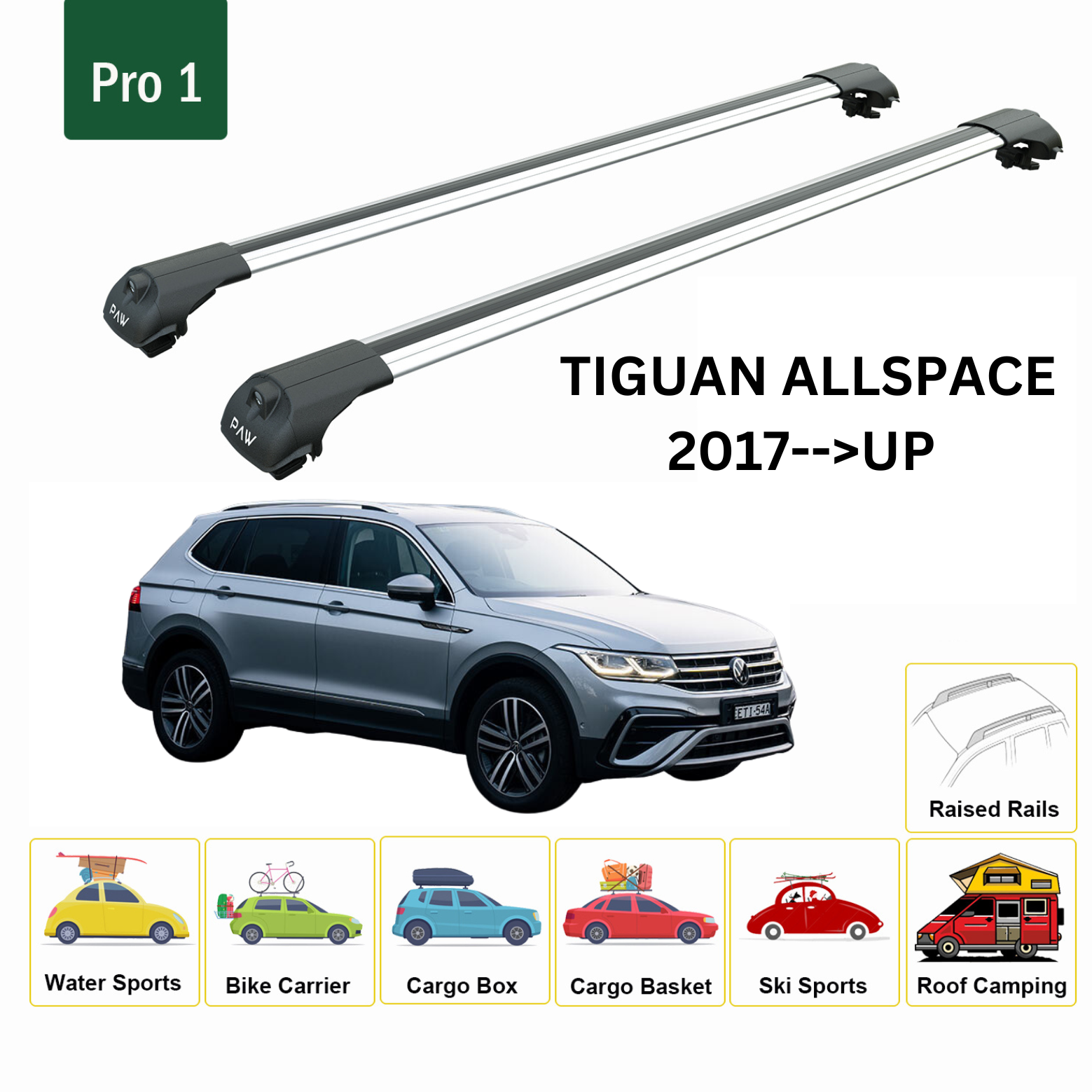For Volkswagen Tiguan 2017--> Roof Rack System, Aluminium Cross Bar, Metal Bracket, Raised Rail, Silver