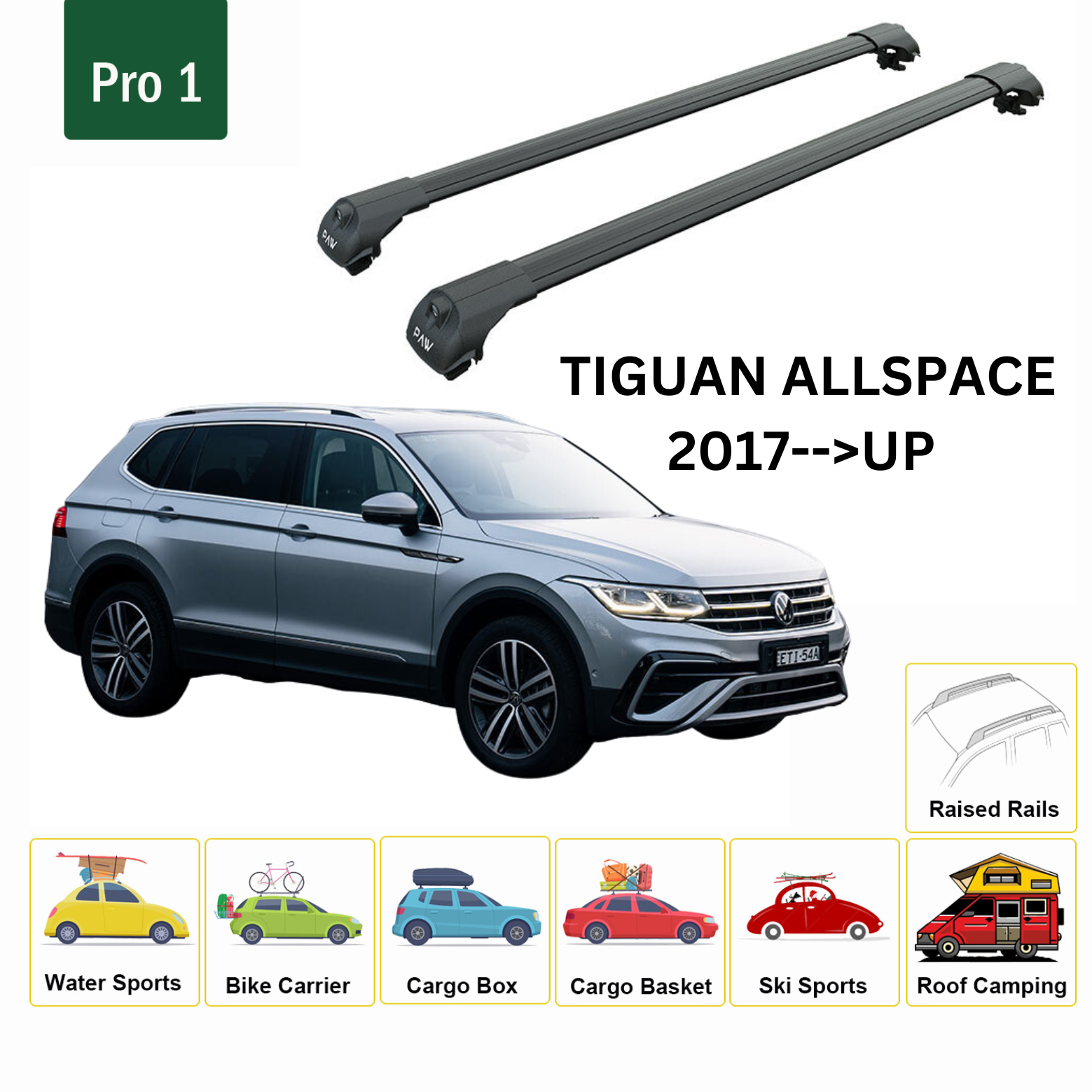 For Volkswagen Tiguan Allspace 2017--> Roof Rack System, Aluminium Cross Bar, Metal Bracket, Raised Rail, Black