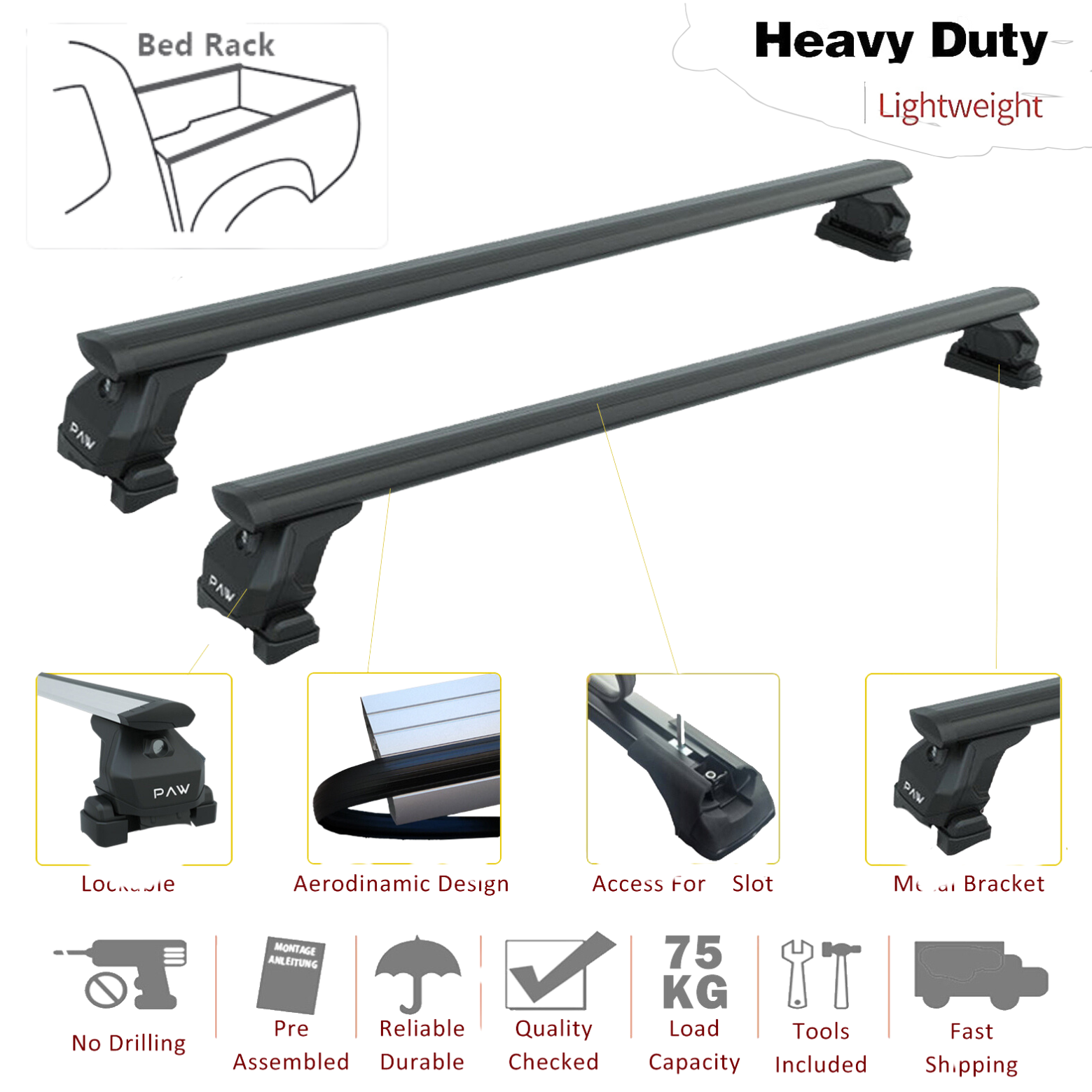 For Toyota Tundra 2016-Up Bed Rack Cross Bar Roof Rack Alu Black