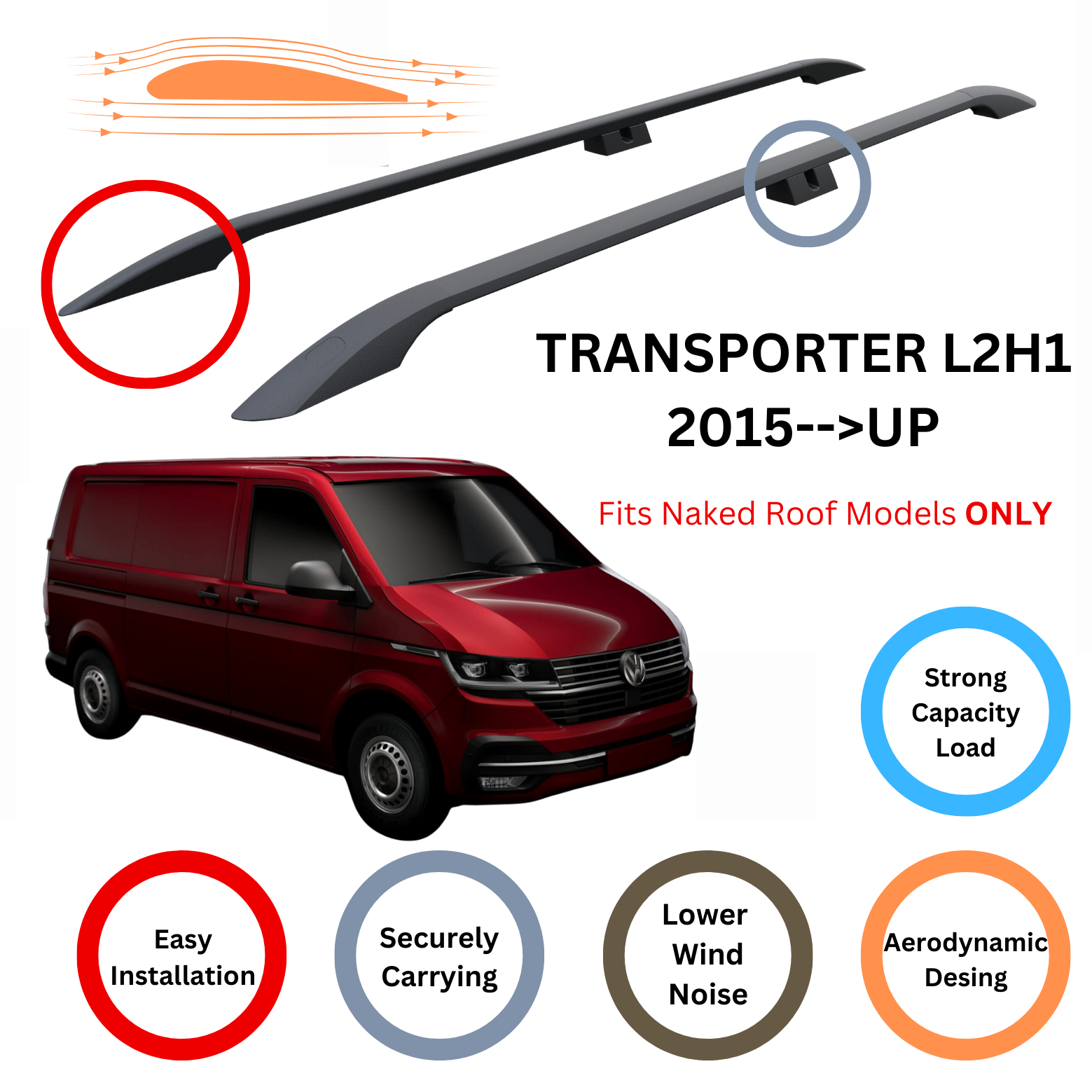For Volkswagen Transporter T6 2015-2024 LWB Roof Side Rail and Roof Rack Cross Bar Black