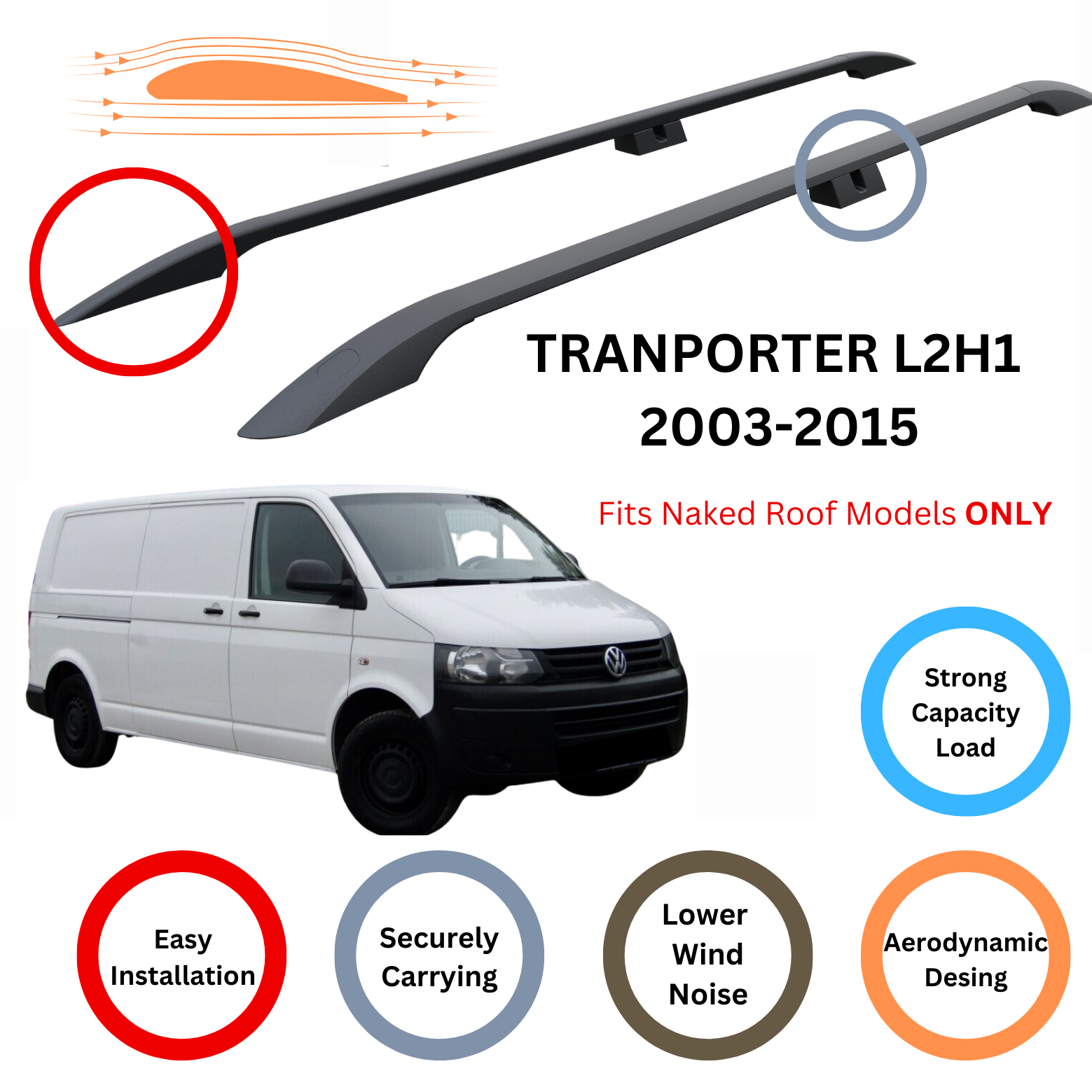 For Volkswagen Transporter T5 2003-2015 SWB Roof Rails and Roof Rack Cross Bar Black