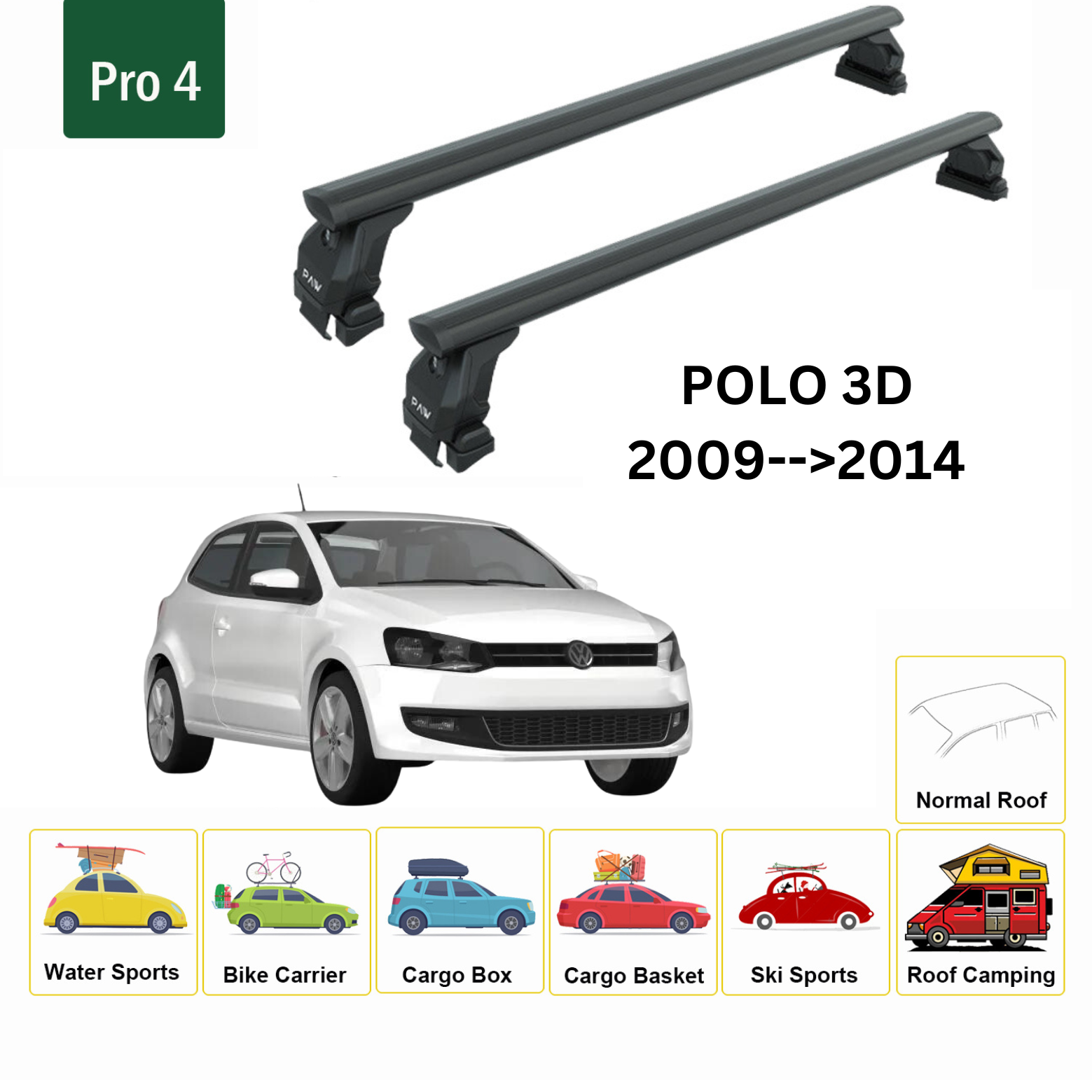 For Volkswagen Polo 3D 2018-Up Roof Rack Cross Bar Metal Bracket Normal Roof Alu Black