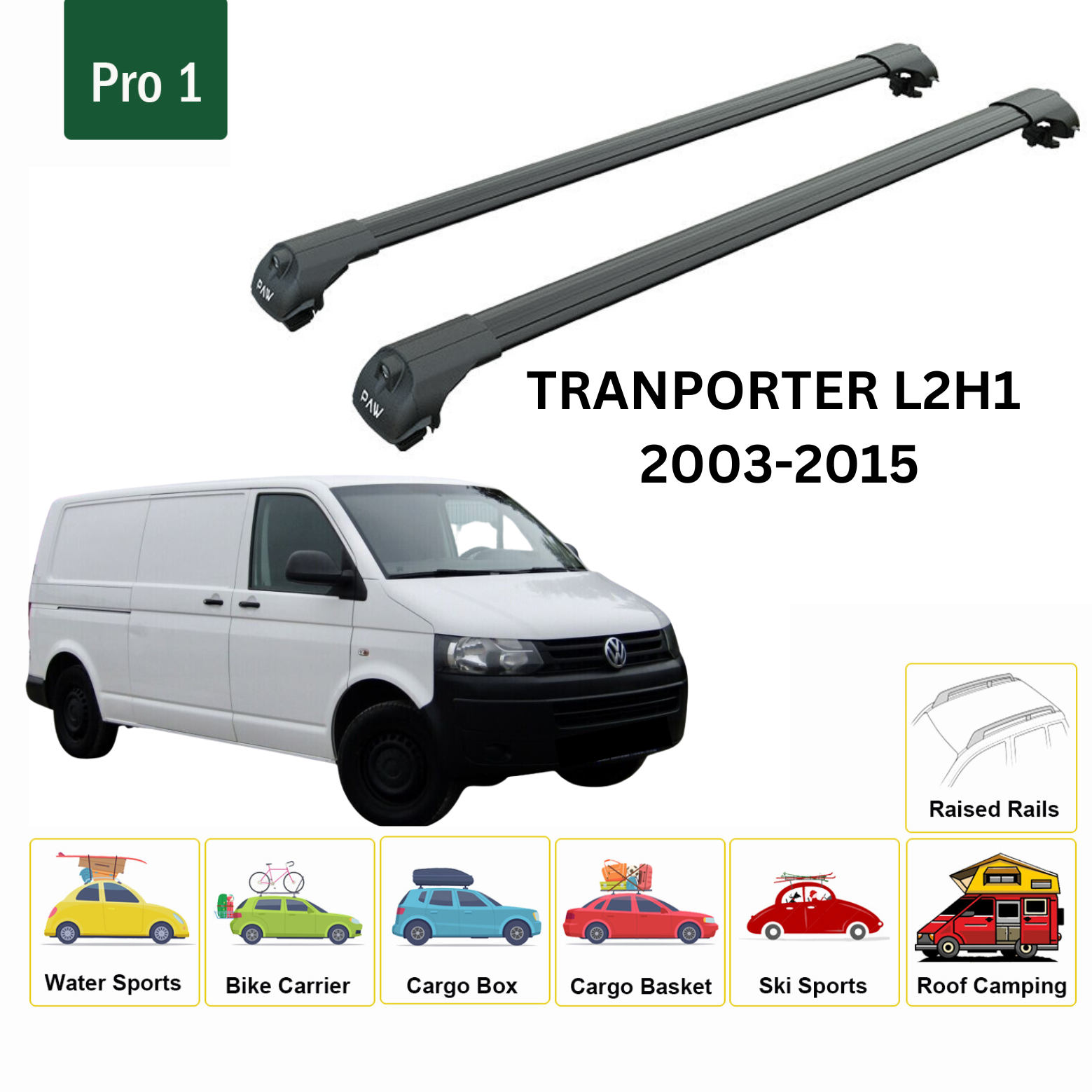 For Volkswagen Transporter T5 2003-2015 LWB Roof Rails and Roof Rack Cross Bar Black