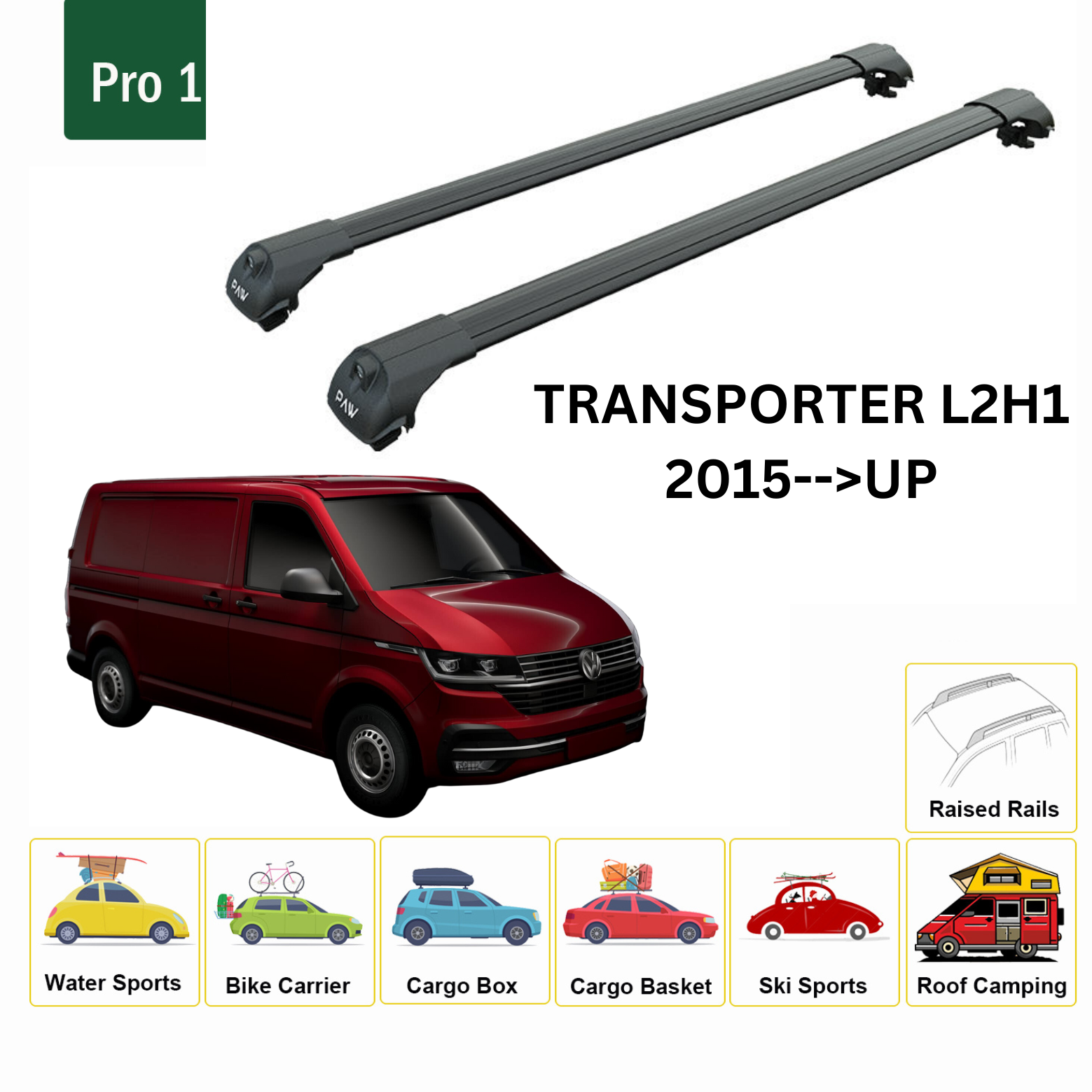 For Volkswagen Transporter T6 2015-2024 LWB Roof Side Rail and Roof Rack Cross Bar Black