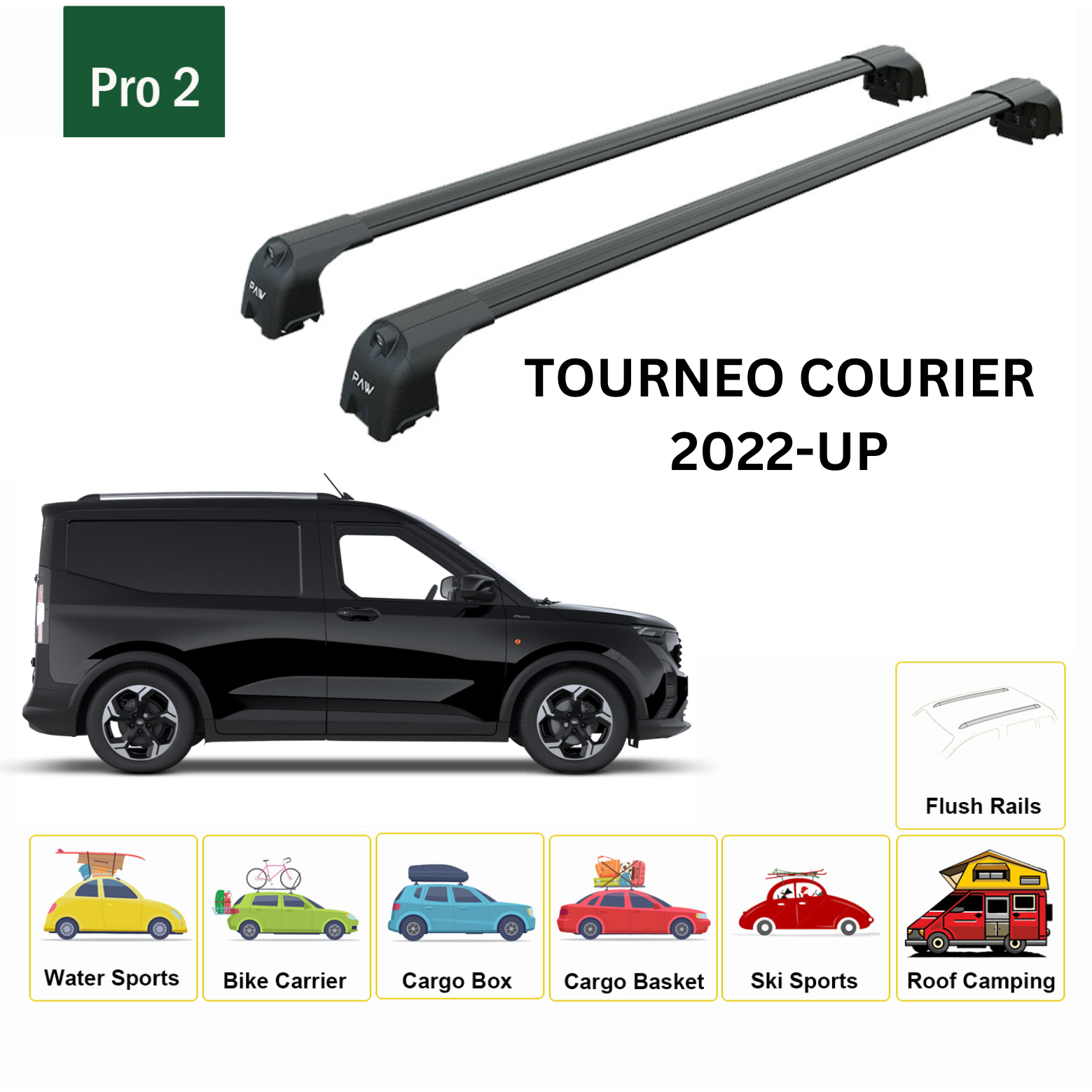 For Ford Tourneo Courier 2022-2025 Roof Rack Cross Bars Raised Rail Black