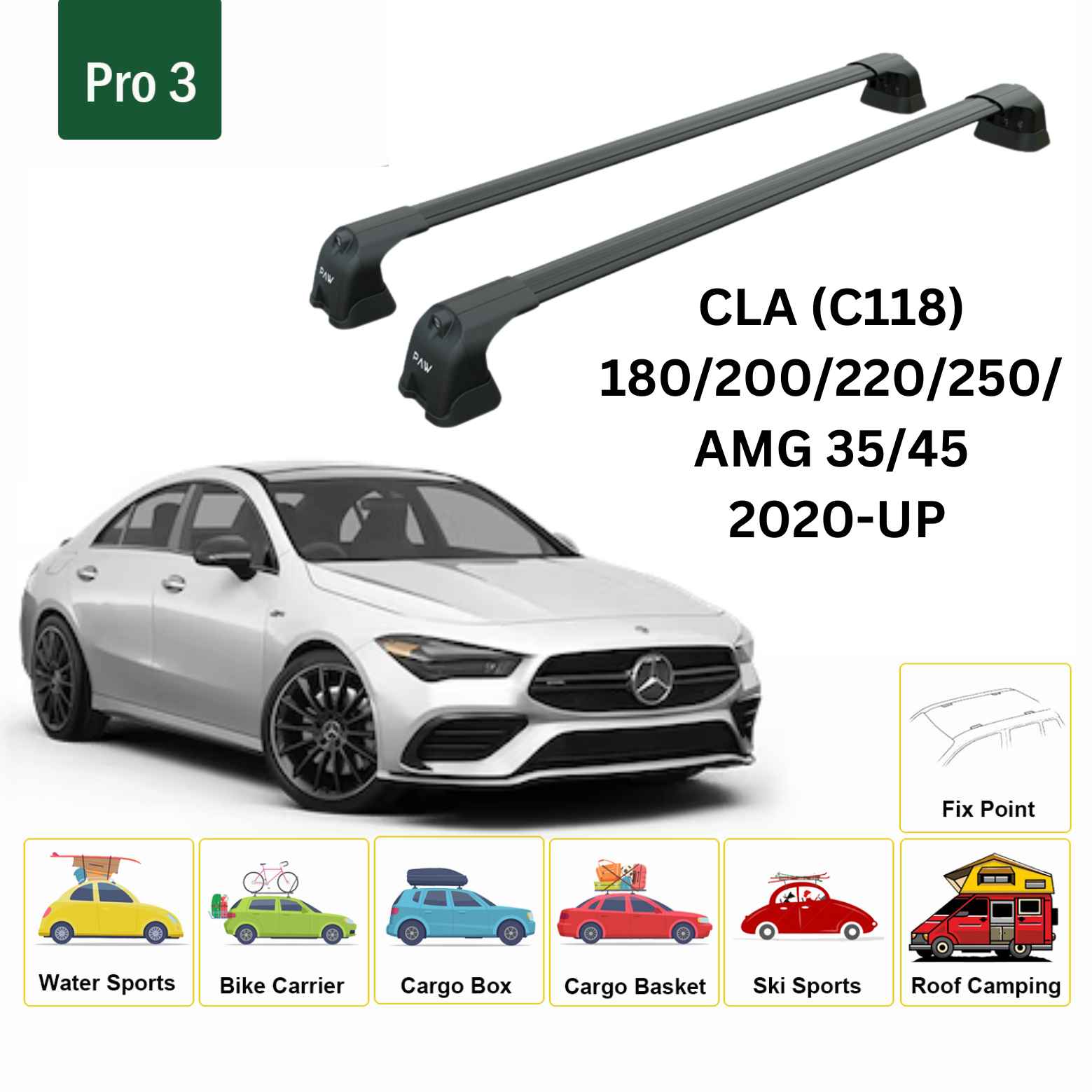 For Mercedes CLA C118 2020-Up Roof Rack Cross Bars Fix Point Alu Black