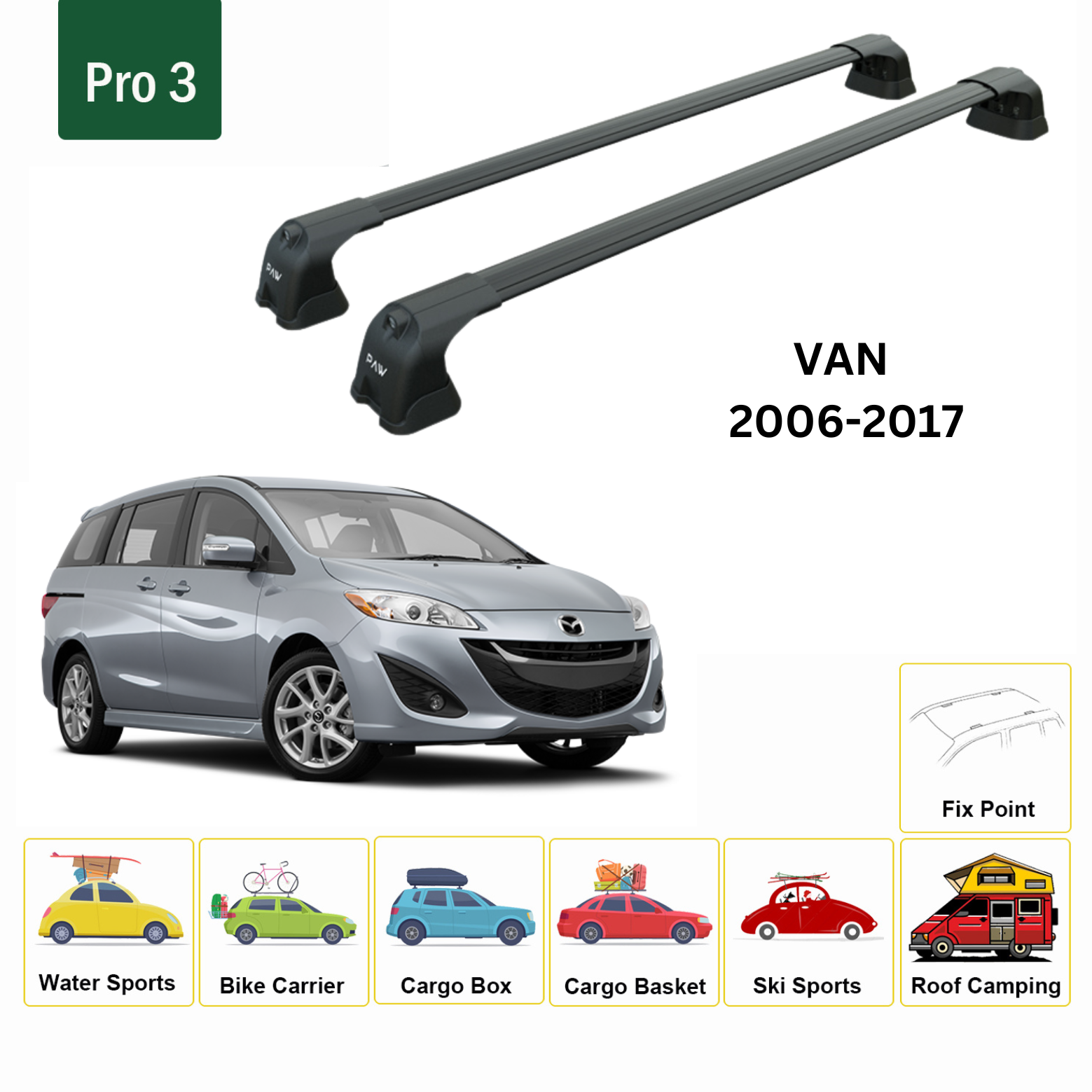 For Mazda 5 Van 2006-2017 Roof Rack Cross Bars Fix Point Alu Black