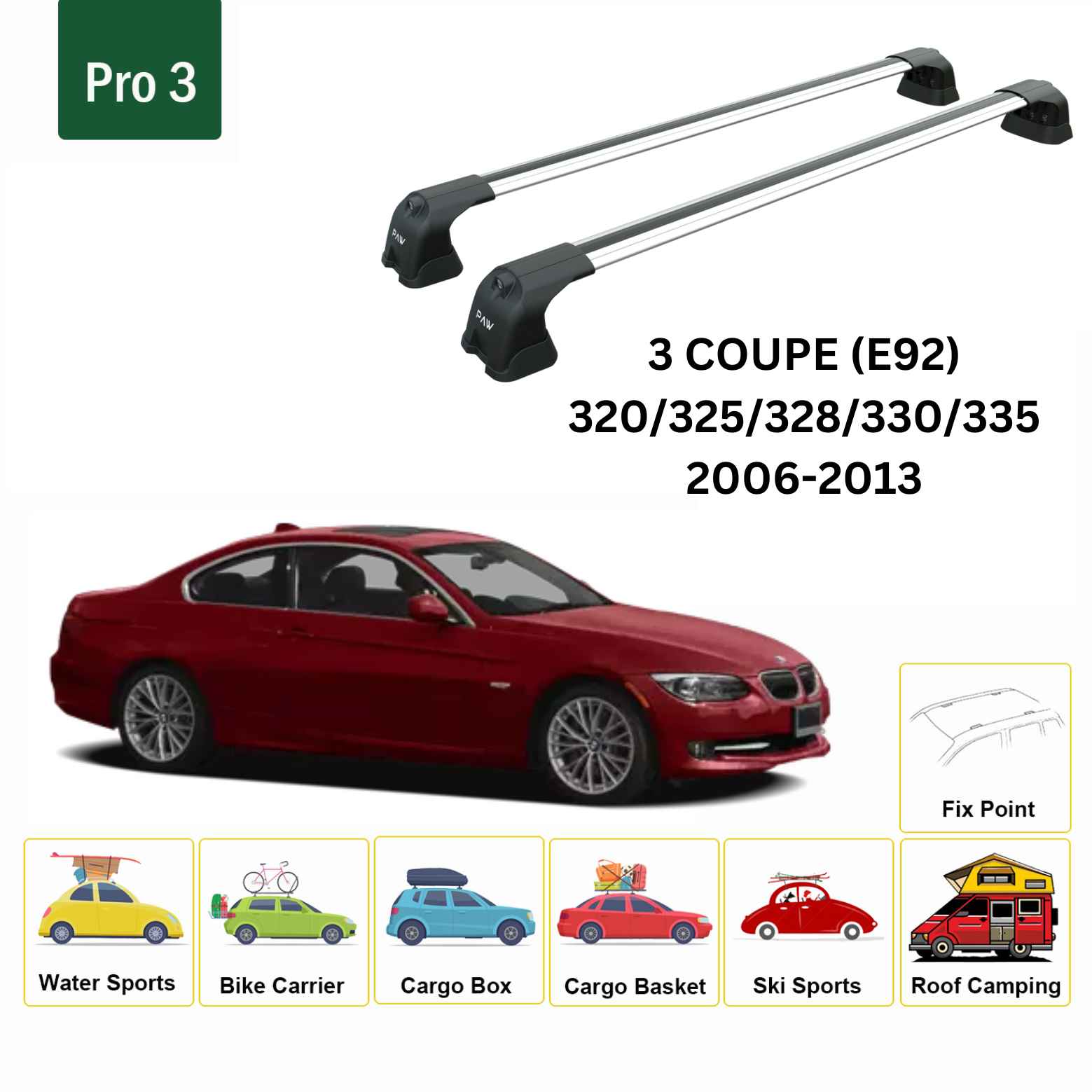 For Bmw 3 Coupe E92 2006-2013 Roof Rack Cross Bars Fix Point Silver
