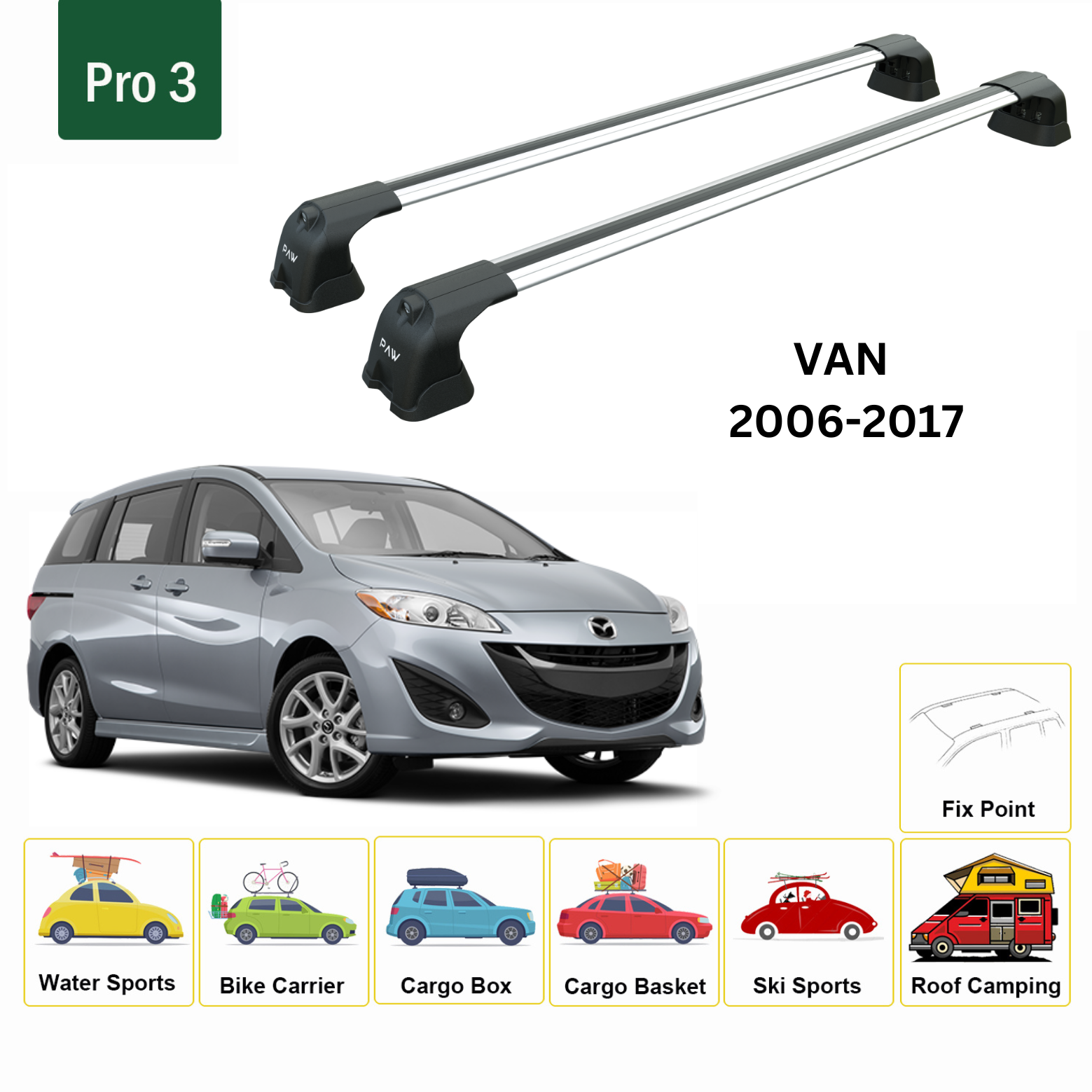 For Mazda 5 Van 2006-2017 Roof Rack Cross Bars Fix Point Alu Silver