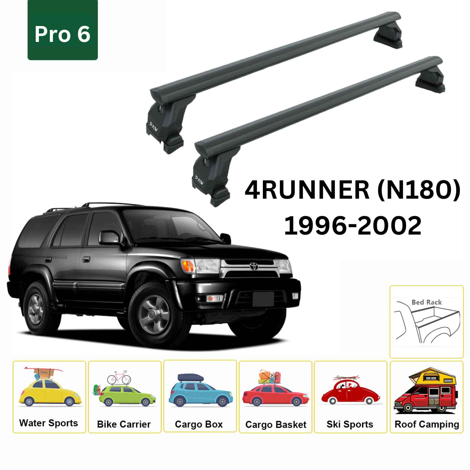 For Toyota 4Runner (N180) Roof Rack Cross Bars Fix Channeled Alu 1996-2002 Black