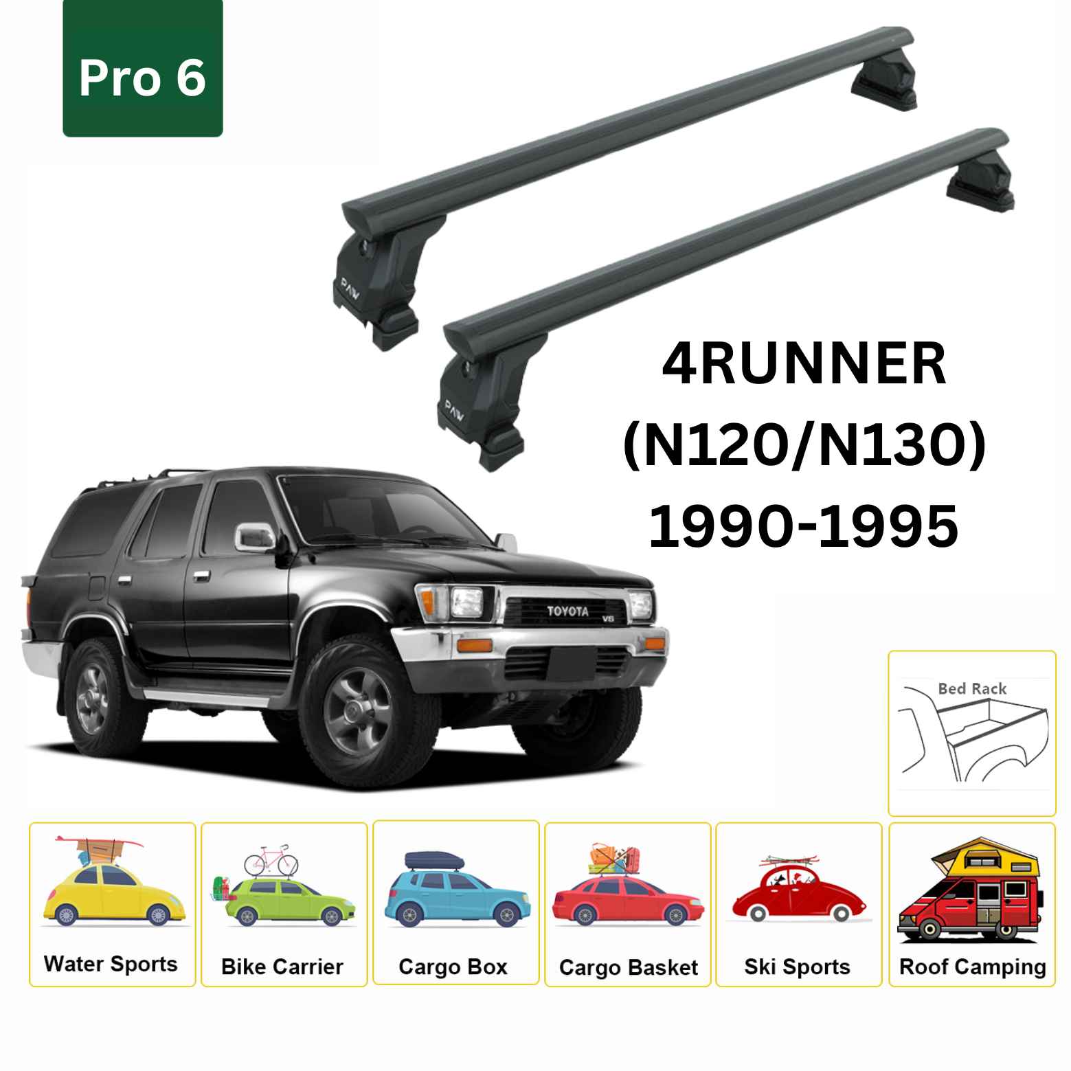 For Toyota 4Runner (N120/30) Roof Rack Cross Bars Fix Channeled Alu 1990-1995 Black