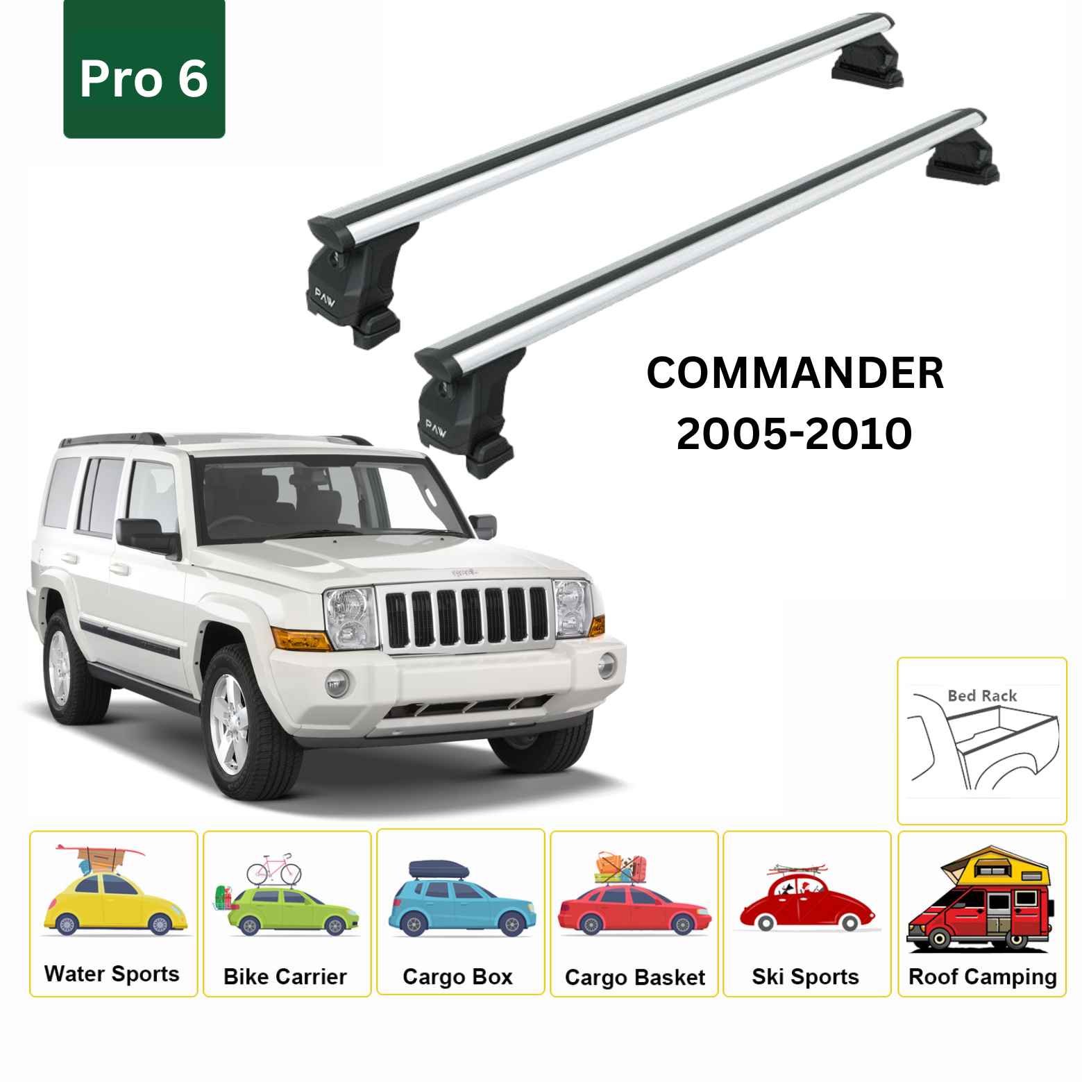 For Jeep Commander XK 2006-2010 Roof Rack Cross Bars Fix Channeled Alu Silver