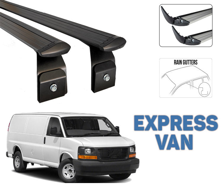 For Chevrolet Express Van 2000-Up Roof Rack Cross Bars Metal Bracket Rain Gutter Alu Black