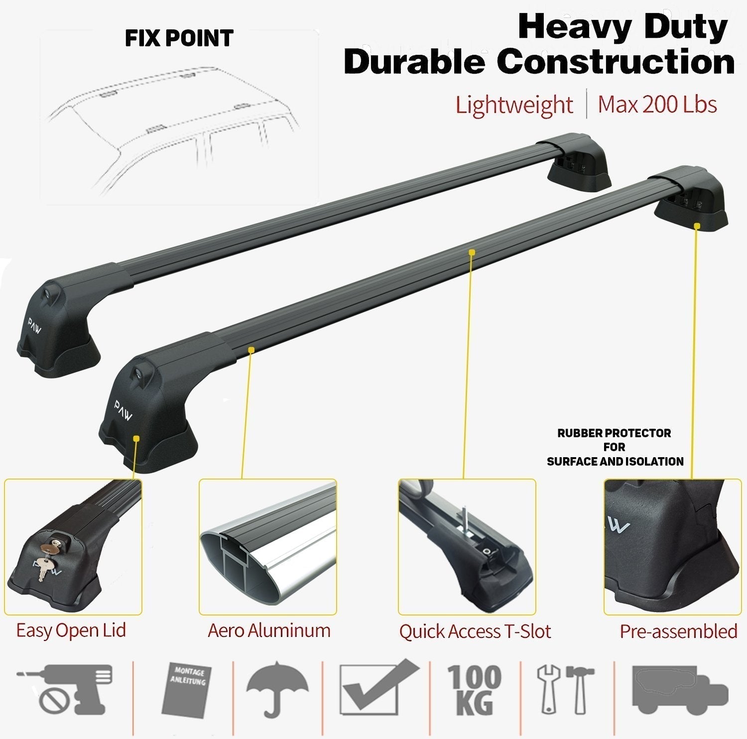 For Mercedes Benz T 2022-Up 3Qty Roof Rack Cross Bars Metal Bracket Fix Point Alu Black