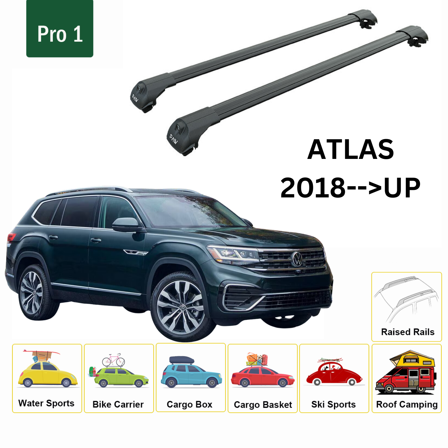 For Volkswagen Atlas 2018--> Roof Rack System, Aluminium Cross Bar, Metal Bracket, Raised Rail, Black