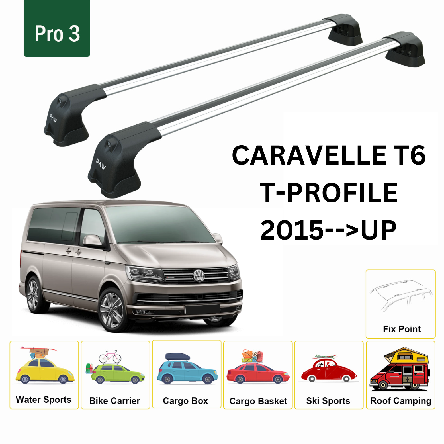 For Caravelle T6 T-Profile 2015--> Roof Rack System, Aluminium Cross Bar, Metal Bracket, Fix Point, Silver