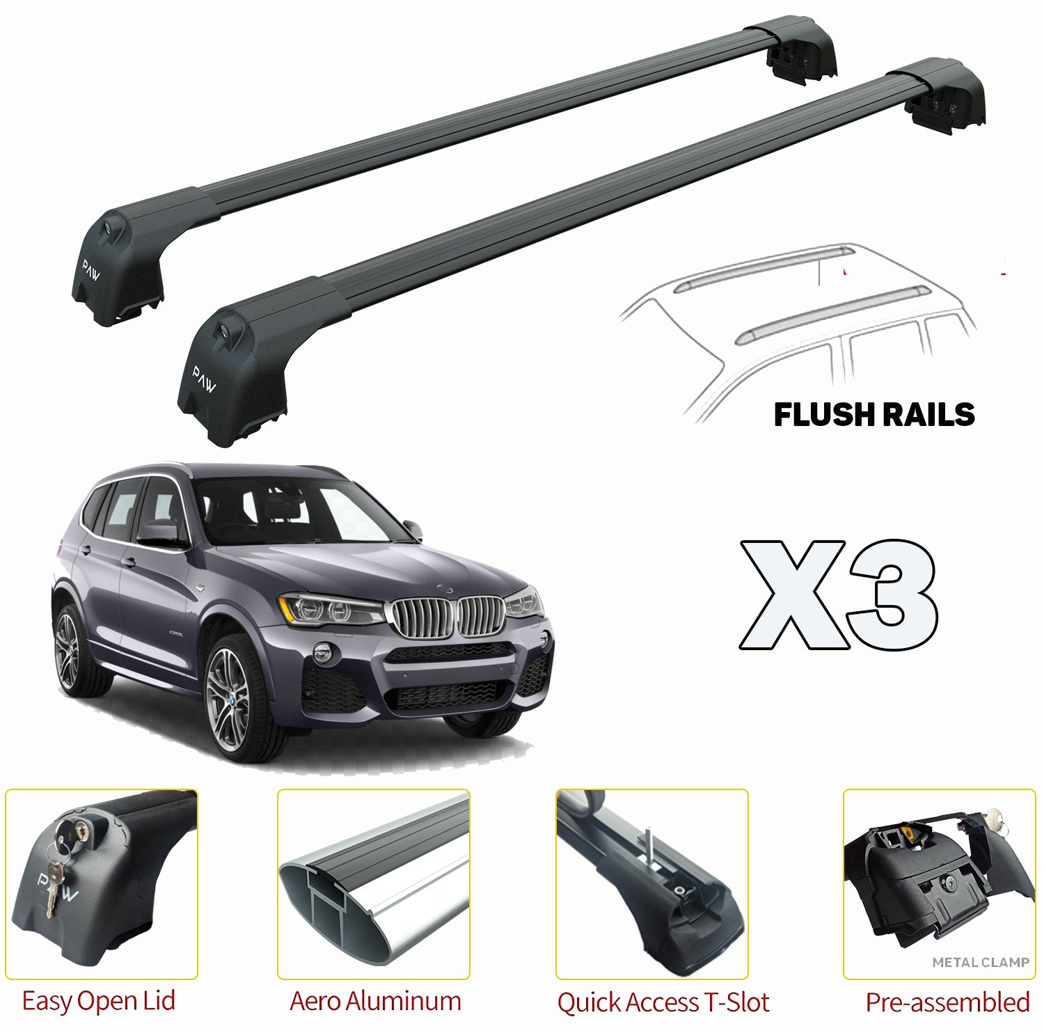 Compatible for Bmw X3 F25 5D Roof Rack Bars For Vehicles With Flush Roof Rails BLACK (2011-2018)
