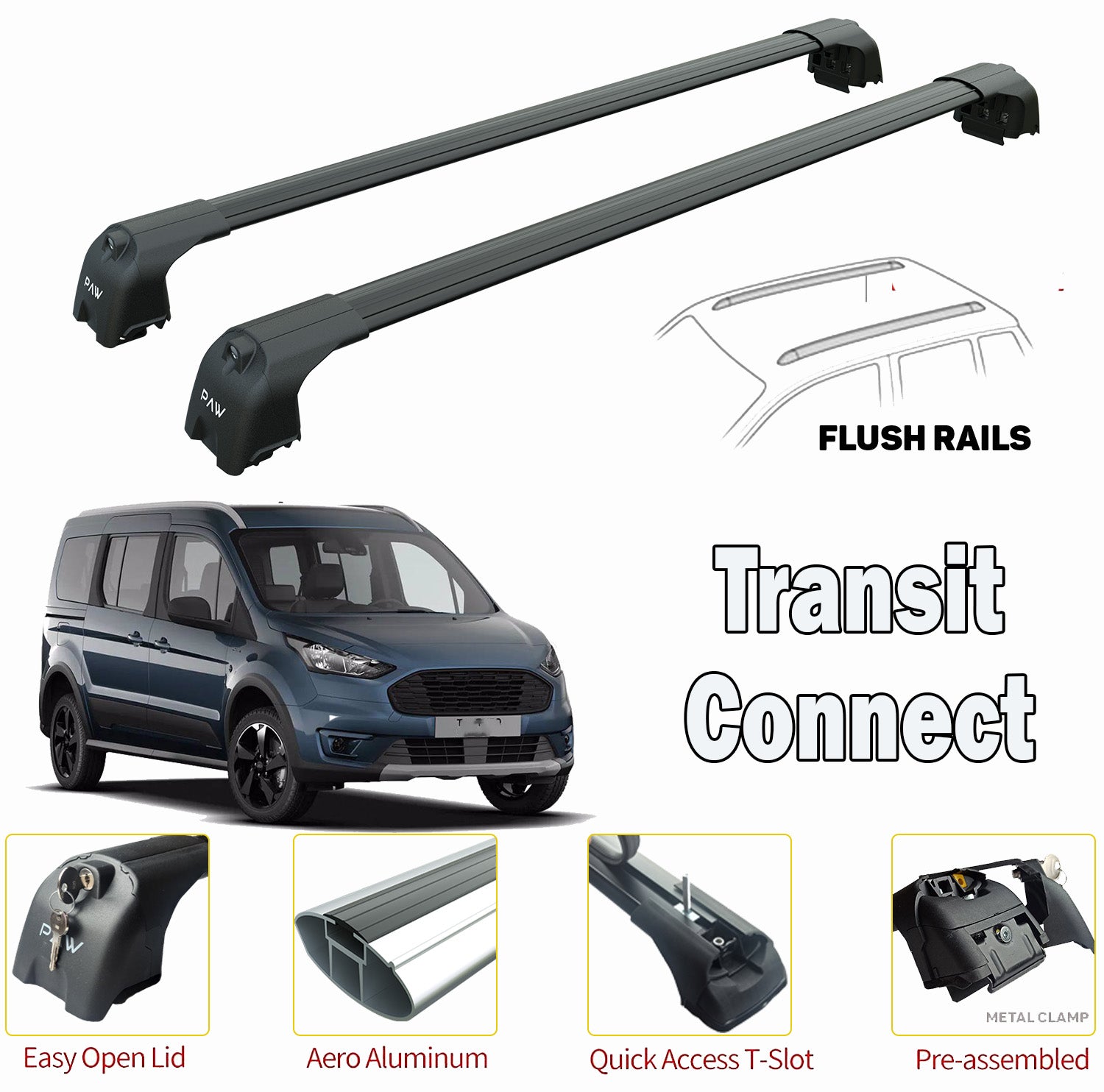 to fit Ford Transit Connect Cross Roof Rack Cross Bars Black Flush