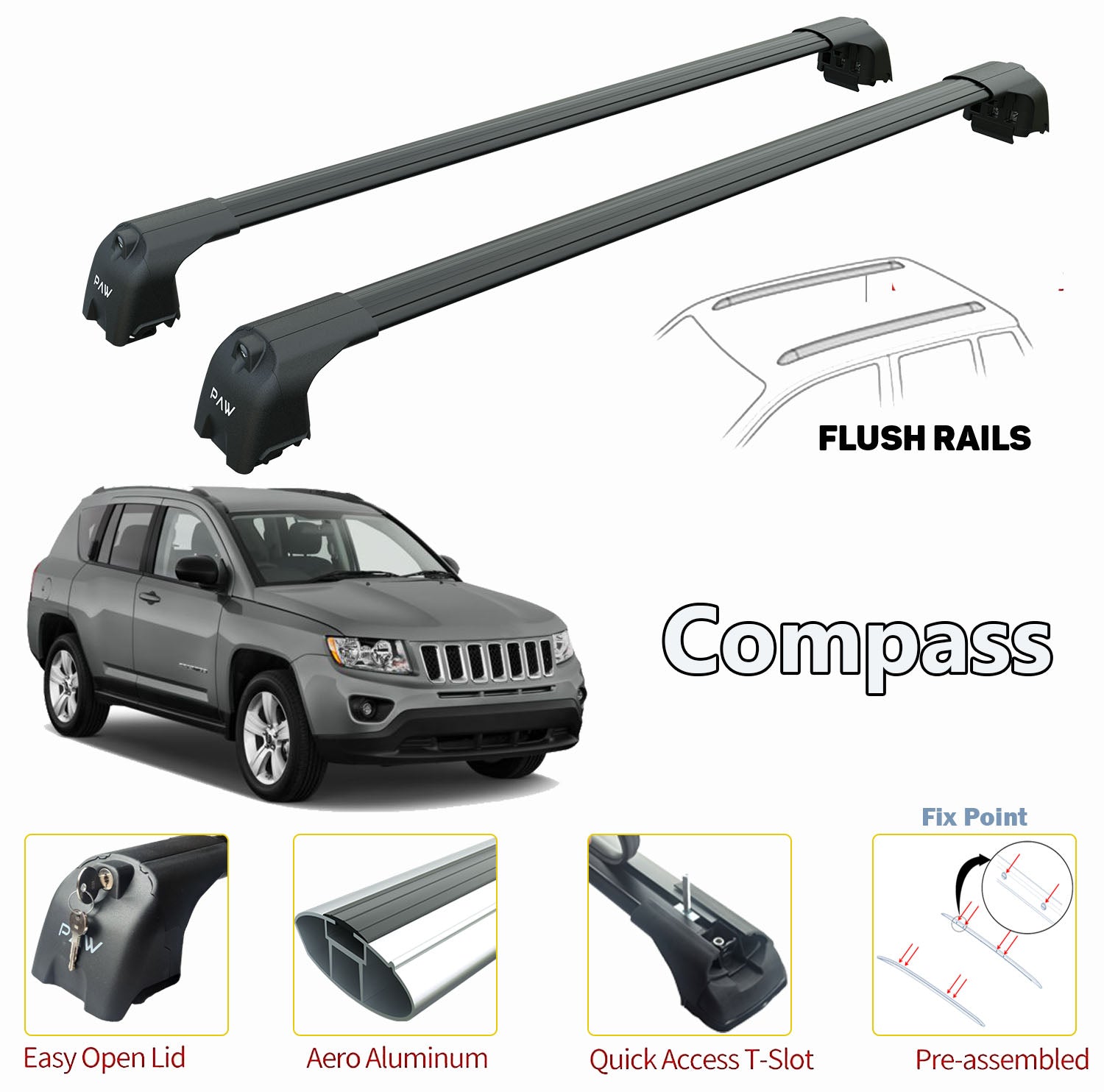 Jeep Compass Roof Rack Crossbars Fits to for Flush Roof Rails Black Co Paw Auto Roof Rack