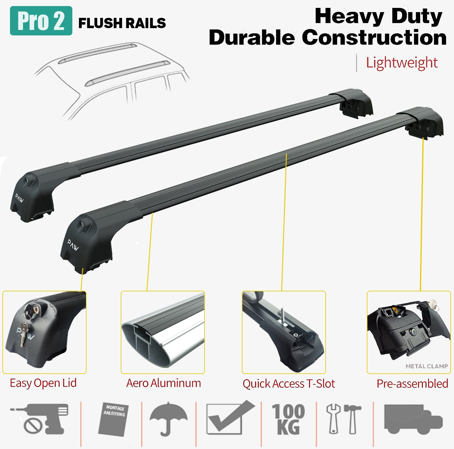 For Volkswagen T-Cross Roof Rack System, Aluminium Cross Bar Raised Rail, Black  2019 On