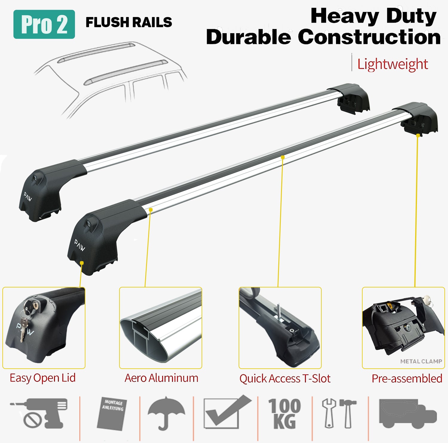 For Volkswagen Taigo 2021--> Roof Rack System, Aluminium Cross Bar, Metal Bracket,Raised Rail, Silver