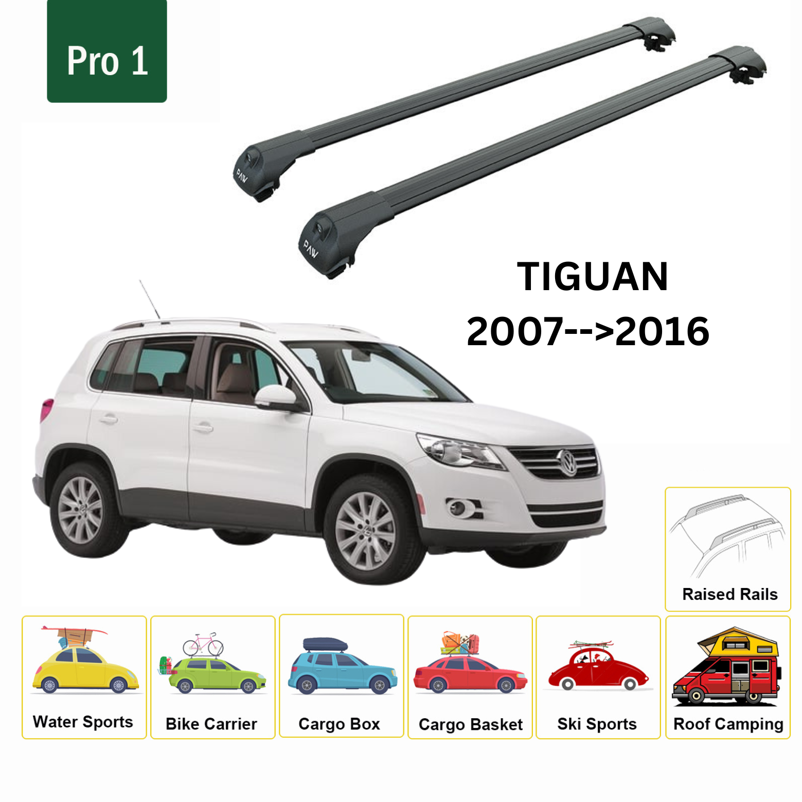 For Volkswagen Tiguan 2007-->2016 Roof Rack System, Aluminium Cross Bar, Metal Bracket, Raised Rail, Black