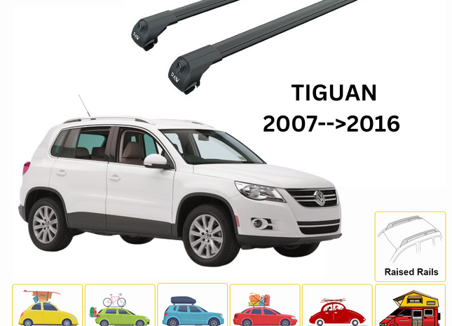 For Volkswagen Tiguan 2007-->2016 Roof Rack System, Aluminium Cross Bar, Metal Bracket, Raised Rail, Black