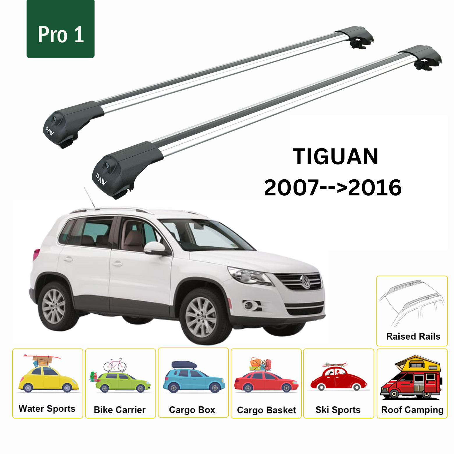 For Volkswagen Tiguan 2007-->2016 Roof Rack System, Aluminium Cross Bar, Metal Bracket, Raised Rail, Silver