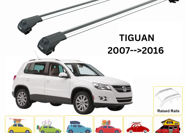 For Volkswagen Tiguan 2007-->2016 Roof Rack System, Aluminium Cross Bar, Metal Bracket, Raised Rail, Silver