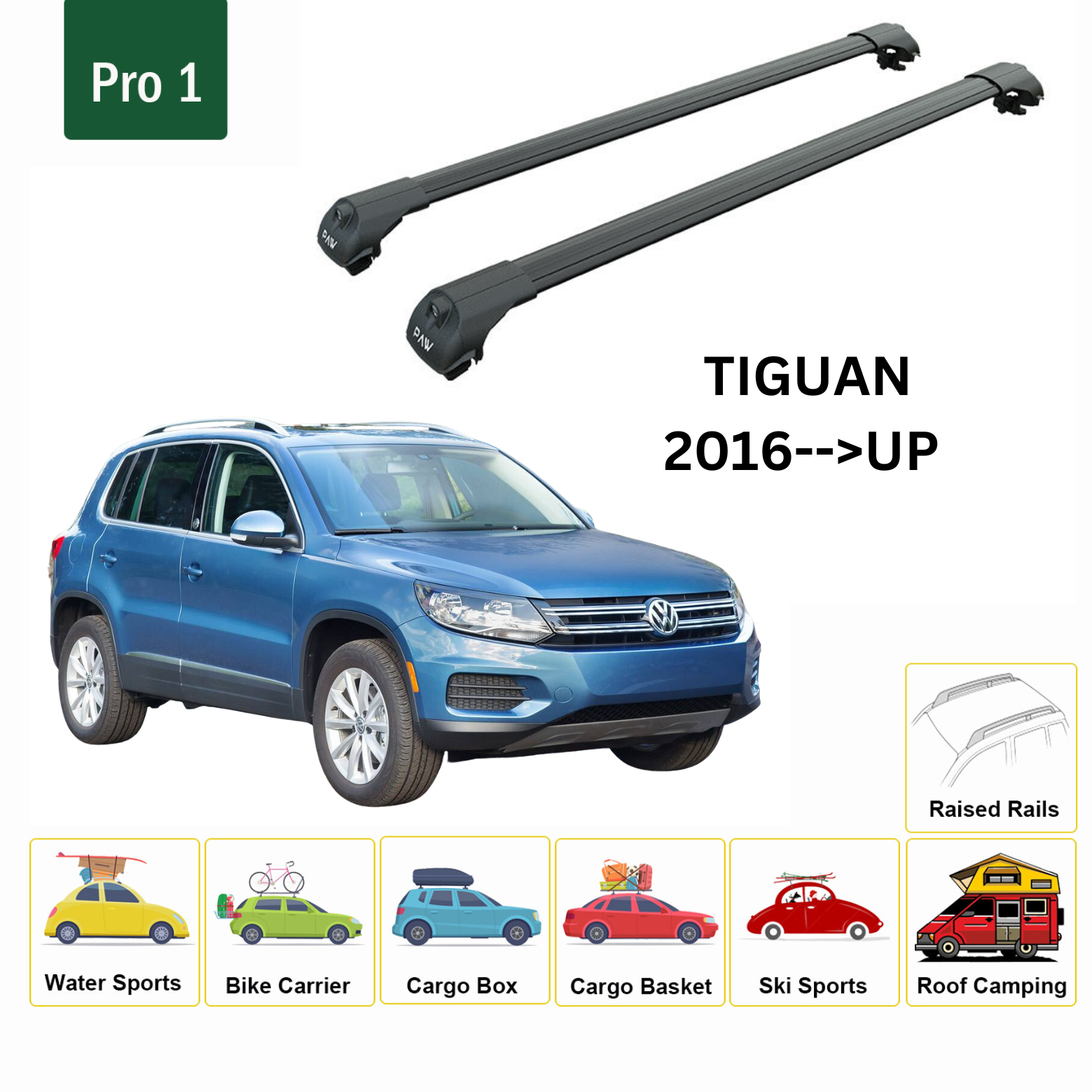 For Volkswagen Tiguan 2016--> Roof Rack System, Aluminium Cross Bar, Metal Bracket, Raised Rail, Black