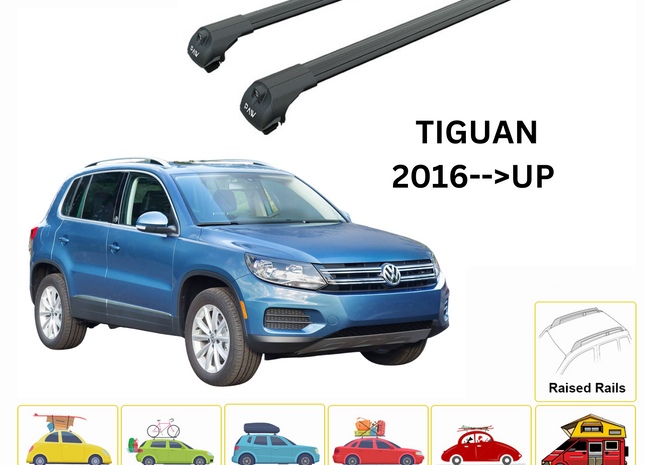 For Volkswagen Tiguan 2016--> Roof Rack System, Aluminium Cross Bar, Metal Bracket, Raised Rail, Black