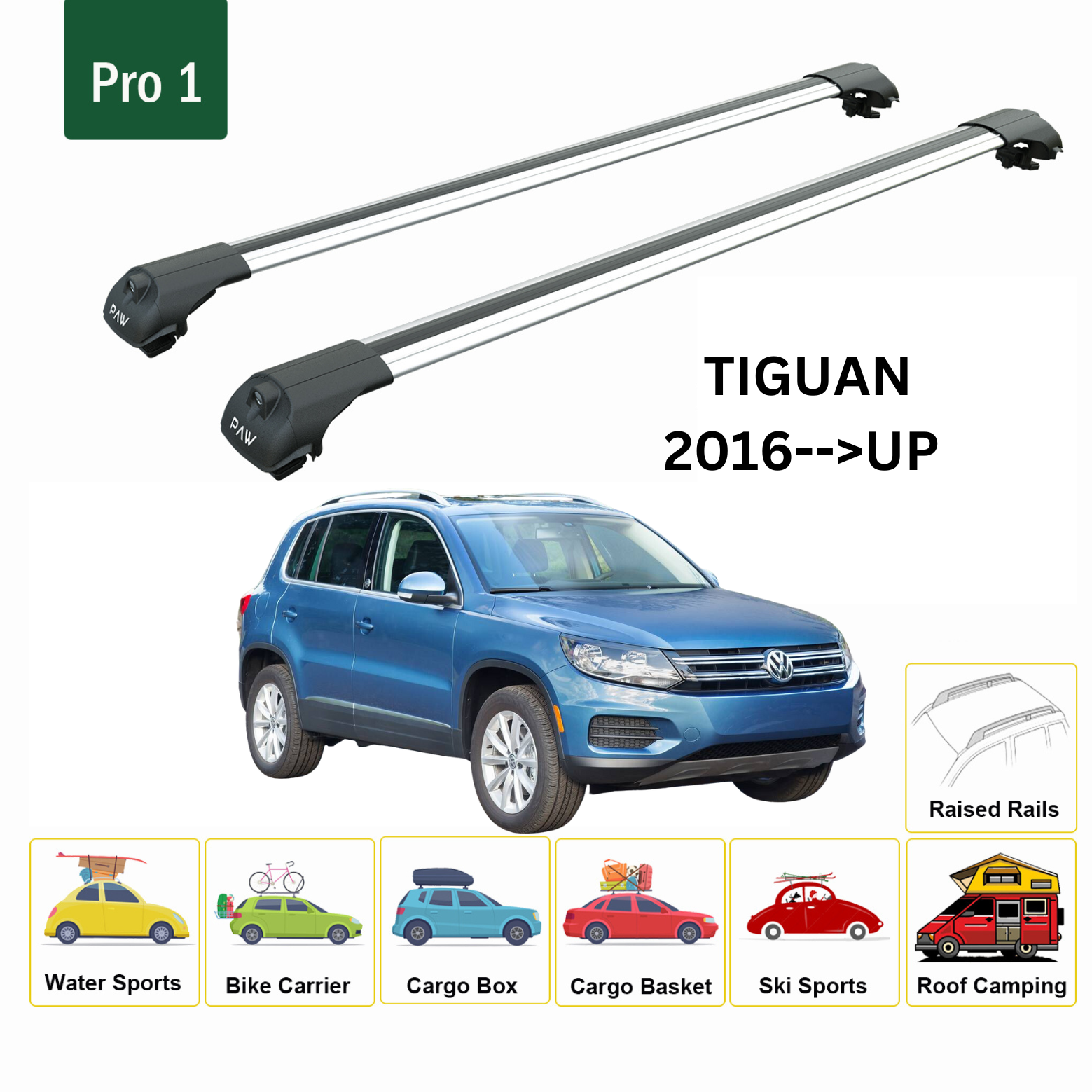 For Volkswagen Tiguan 2016--> Roof Rack System, Aluminium Cross Bar, Metal Bracket, Raised Rail, Silver