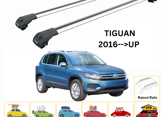 For Volkswagen Tiguan 2016--> Roof Rack System, Aluminium Cross Bar, Metal Bracket, Raised Rail, Silver