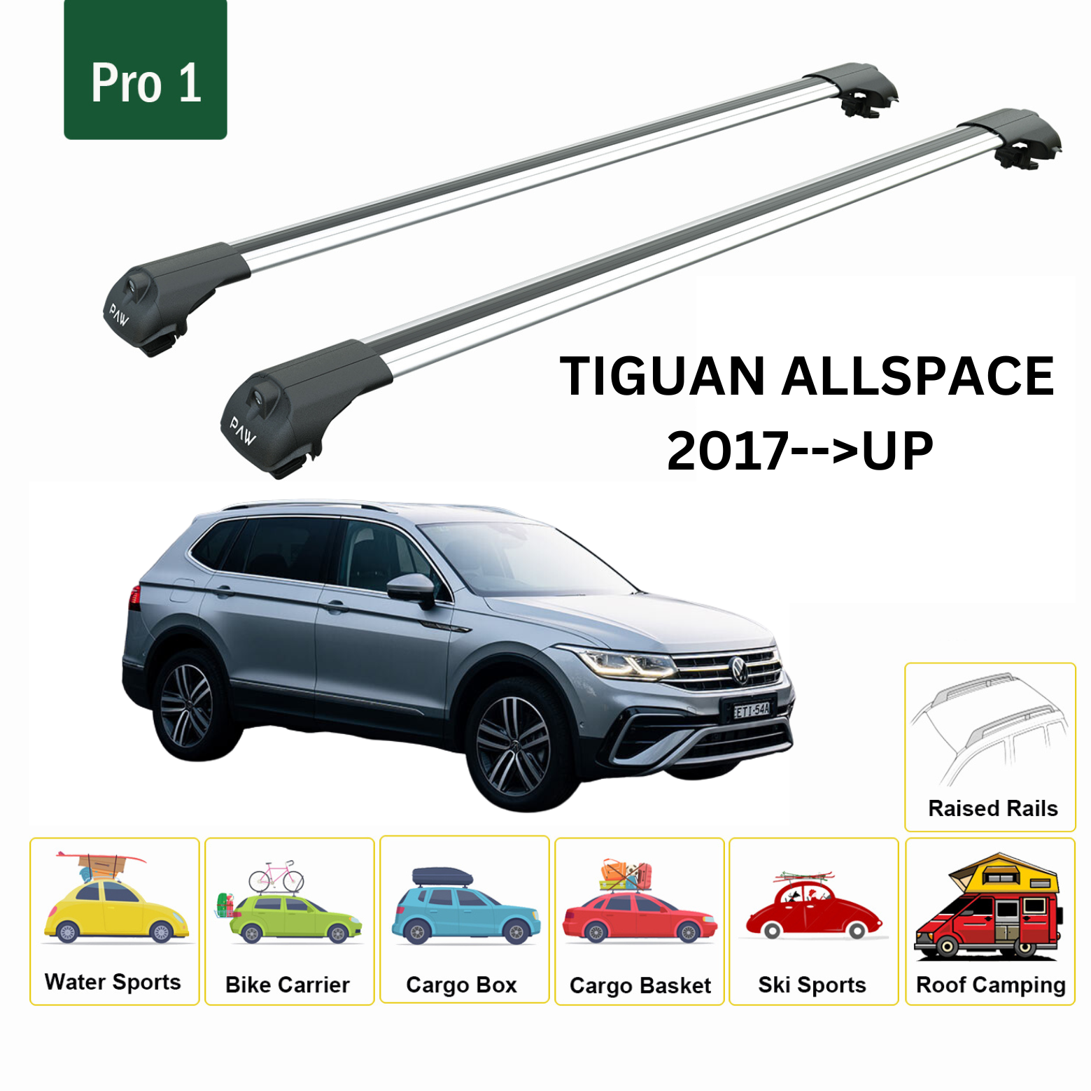 For Volkswagen Tiguan 2017--> Roof Rack System, Aluminium Cross Bar, Metal Bracket, Raised Rail, Silver - 0