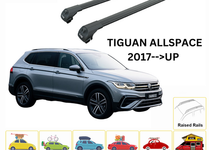 For Volkswagen Tiguan Allspace 2017--> Roof Rack System, Aluminium Cross Bar, Metal Bracket, Raised Rail, Black