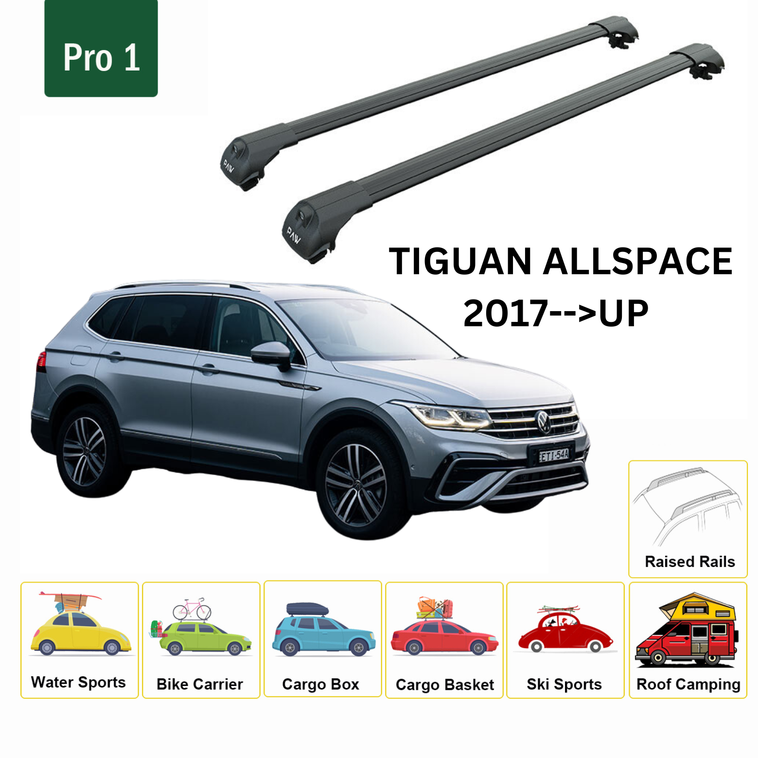 For Volkswagen Tiguan Allspace 2017--> Roof Rack System, Aluminium Cross Bar, Metal Bracket, Raised Rail, Black - 0