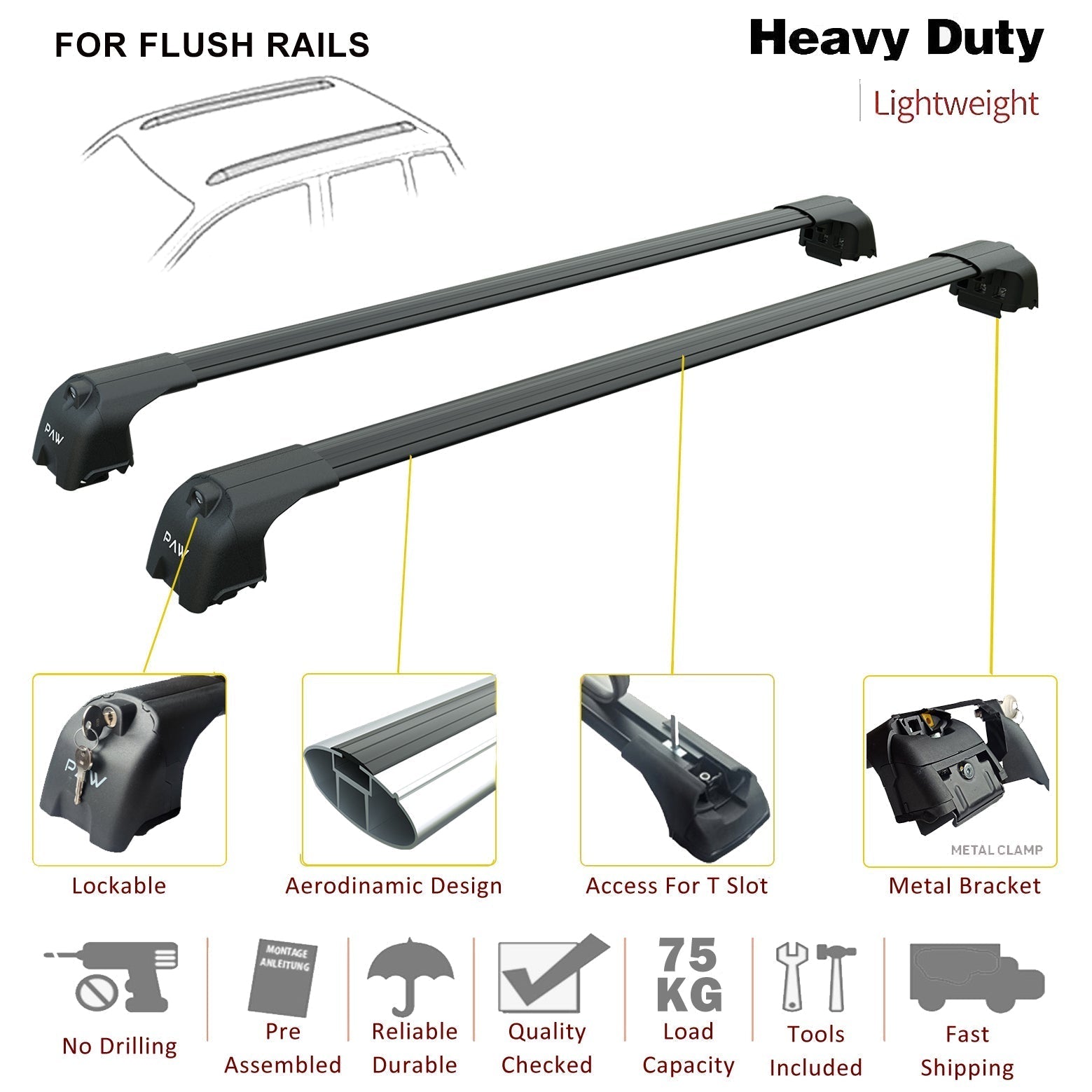 For Volkswagen Touran 2016- Up Roof Rack System, Aluminium Cross Bar, Metal Bracket, Flush Rail, Silver