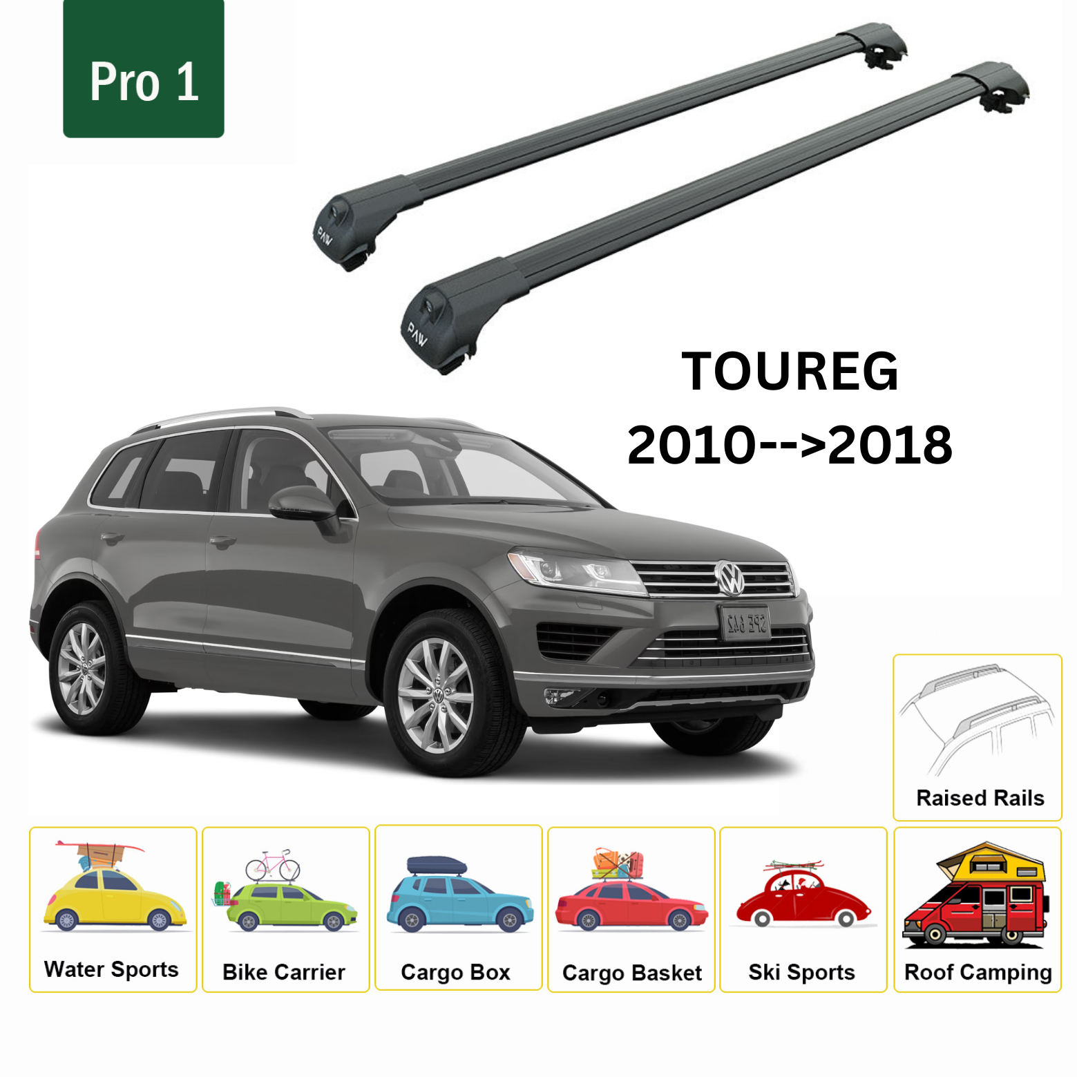 For Volkswagen Toureg 2010-->2018 Roof Rack System, Aluminium Cross Bar, Metal Bracket, Raised Rail, Black