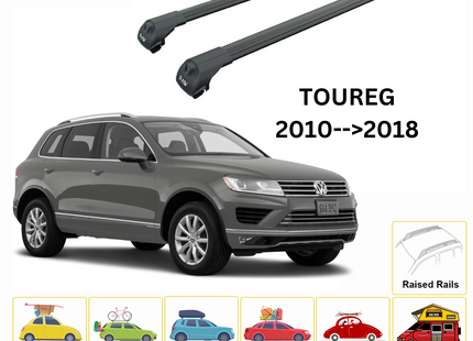 For Volkswagen Toureg 2010-->2018 Roof Rack System, Aluminium Cross Bar, Metal Bracket, Raised Rail, Black