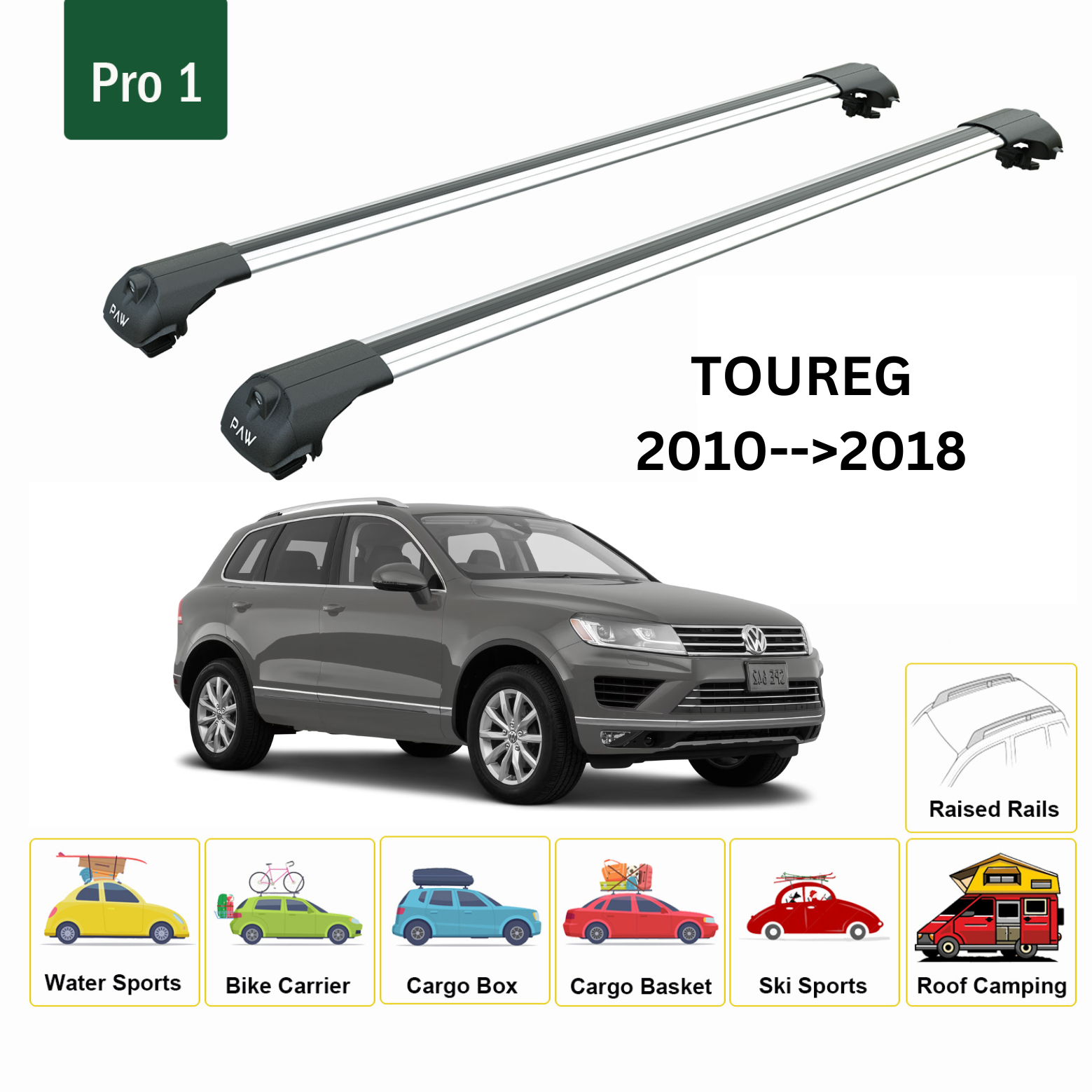 For Volkswagen Toureg 2010-->2018 Roof Rack System, Aluminium Cross Bar, Metal Bracket, Raised Rail, Silver