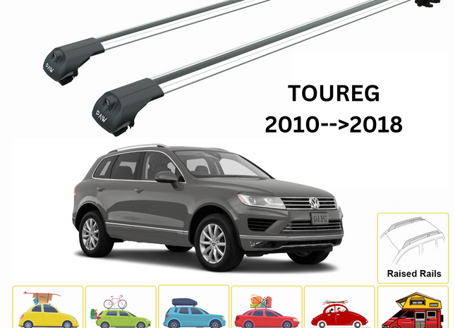 For Volkswagen Toureg 2010-->2018 Roof Rack System, Aluminium Cross Bar, Metal Bracket, Raised Rail, Silver