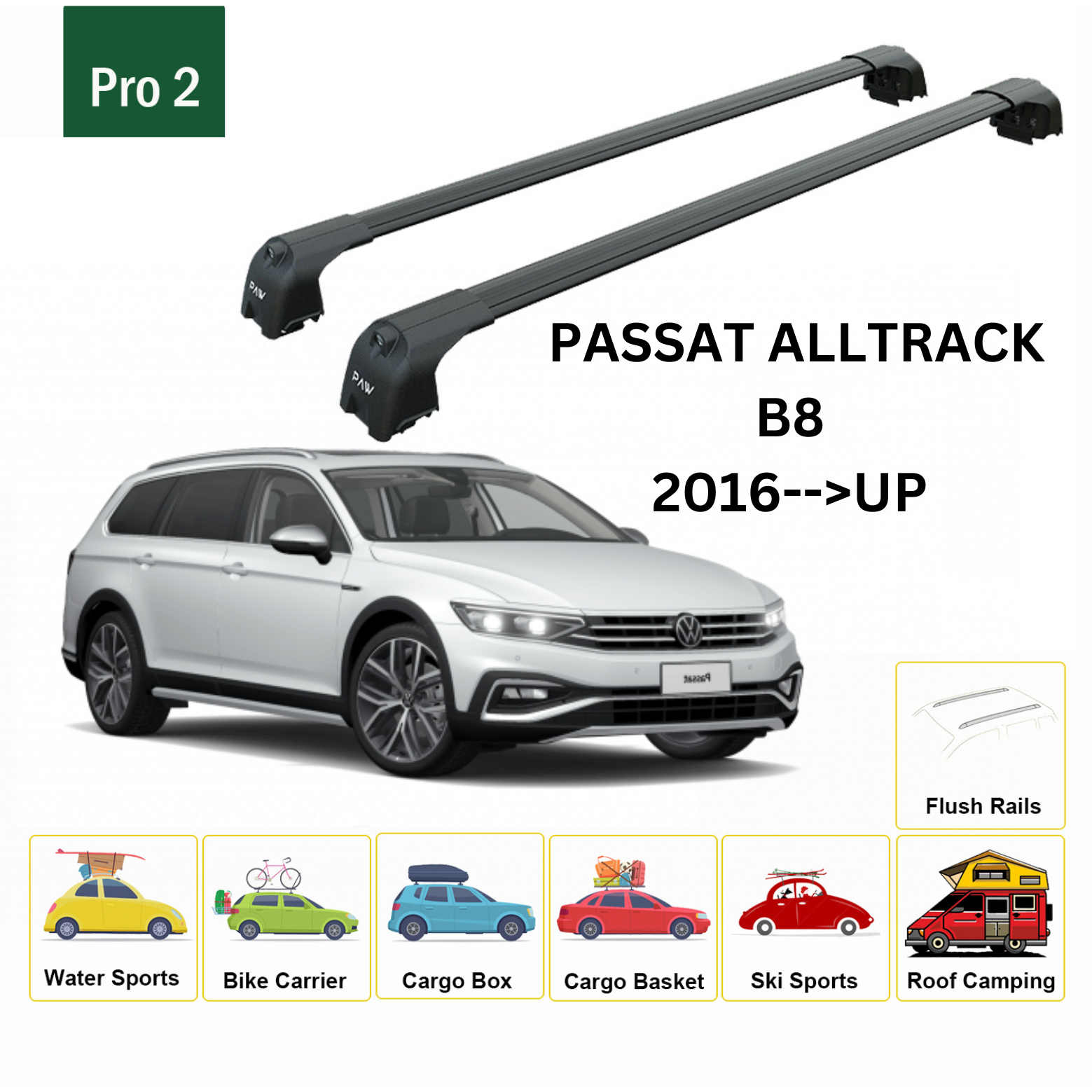 For Volkswagen Passat Alltrack B8 2016-Up Roof Rack Cross Bar Flush Rail Alu Black