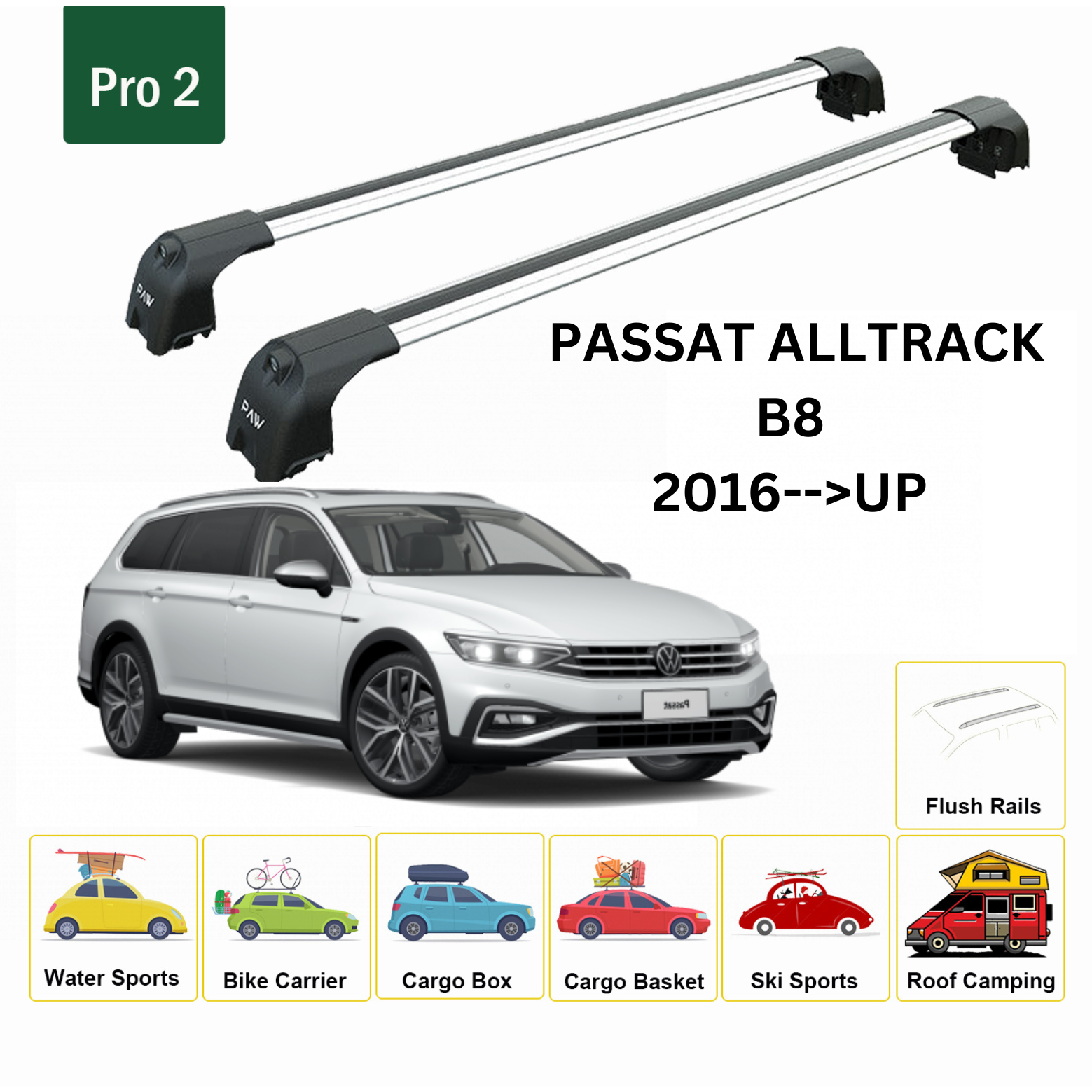 For Volkswagen Passat Alltrack B8 2016-Up Roof Rack Cross Bar Flush Rail Alu Silver