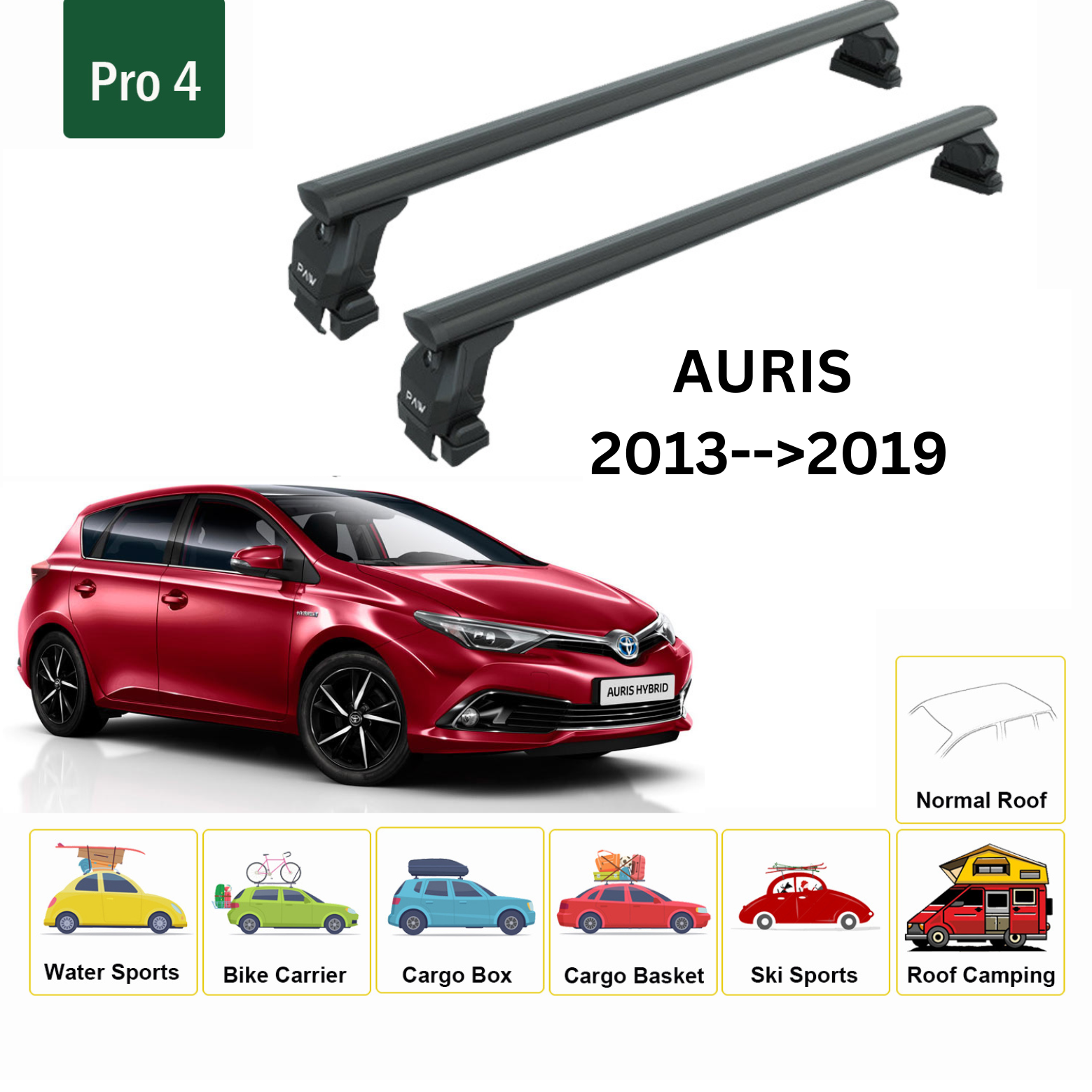 For Toyota Auris Roof Rack Cross Bars Normal Roof Alu Black 2013-19 (Glass roof)