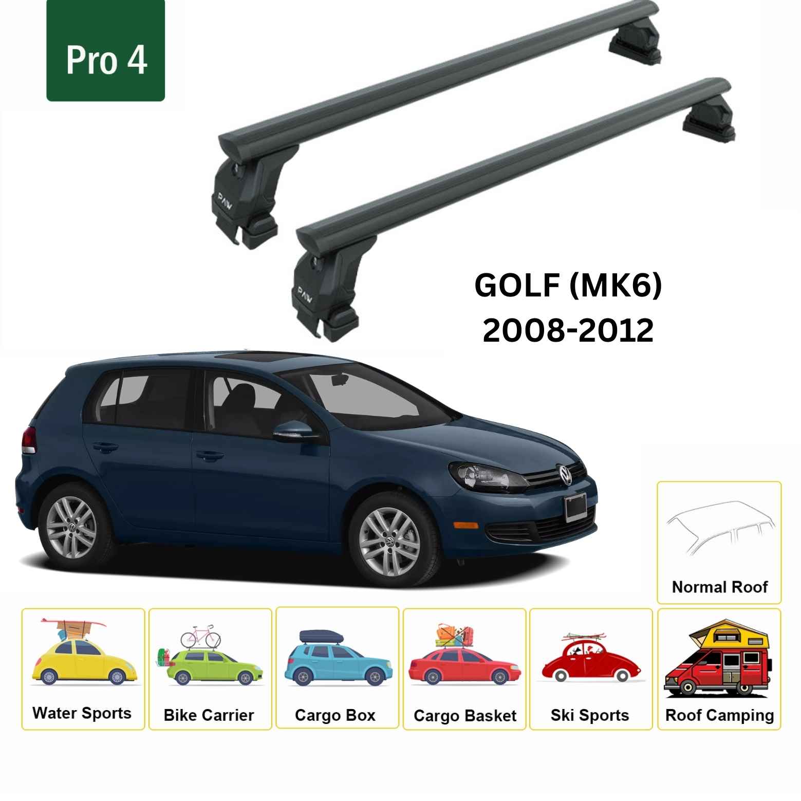 For Volkswagen Golf 5D (MK6) 2008-12 Roof Rack Cross Bar Normal Roof Alu Black