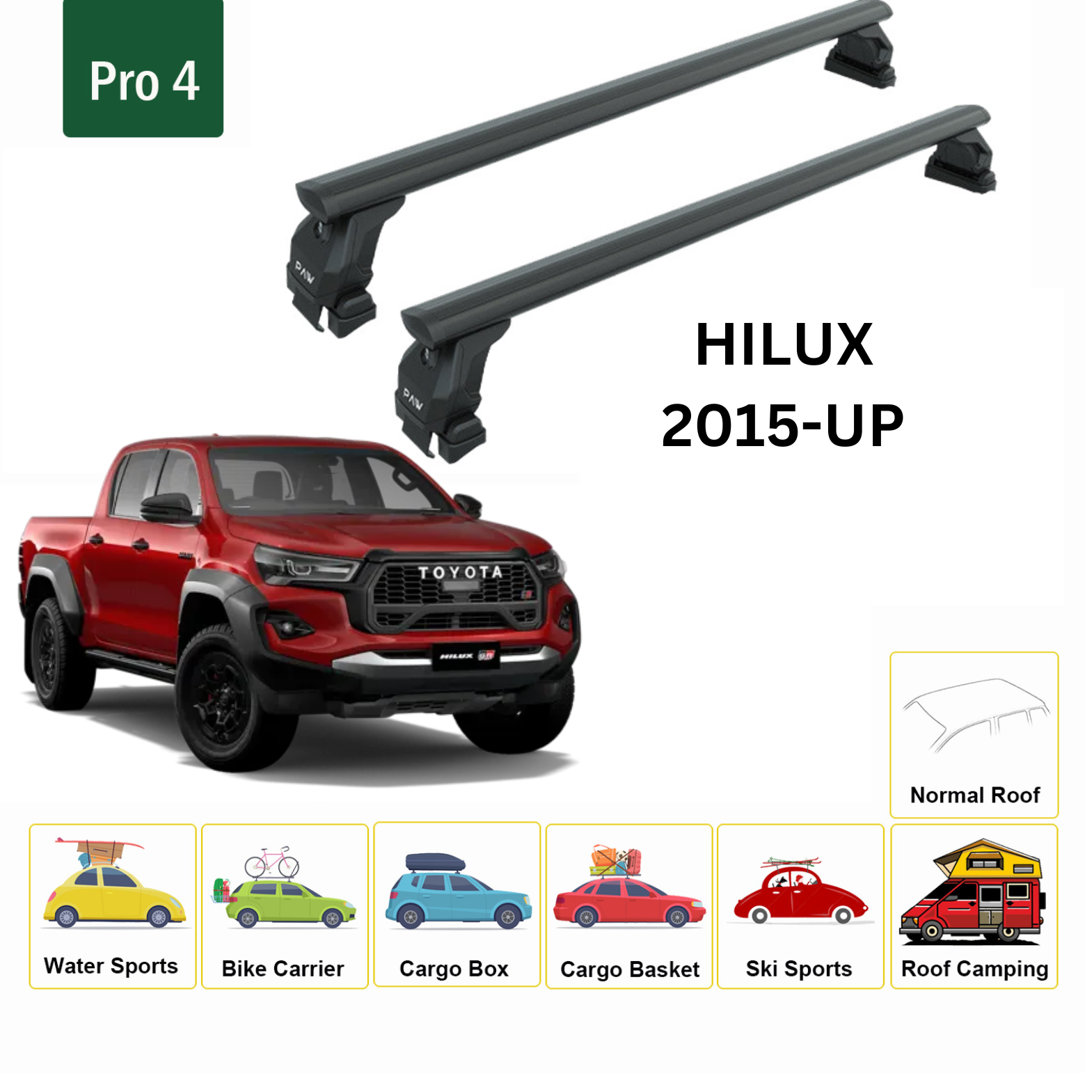 For Toyota Hilux Roof Rack Cross Bars Metal Bracket Normal Roof Alu Black 2015-Up