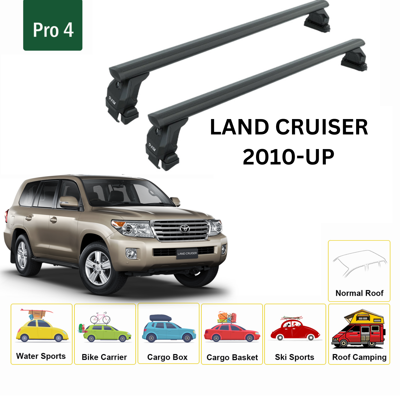 For Toyota Land Cruiser 2010- Up Roof Rack Cross Bars Metal Bracket Normal Roof Alu Black