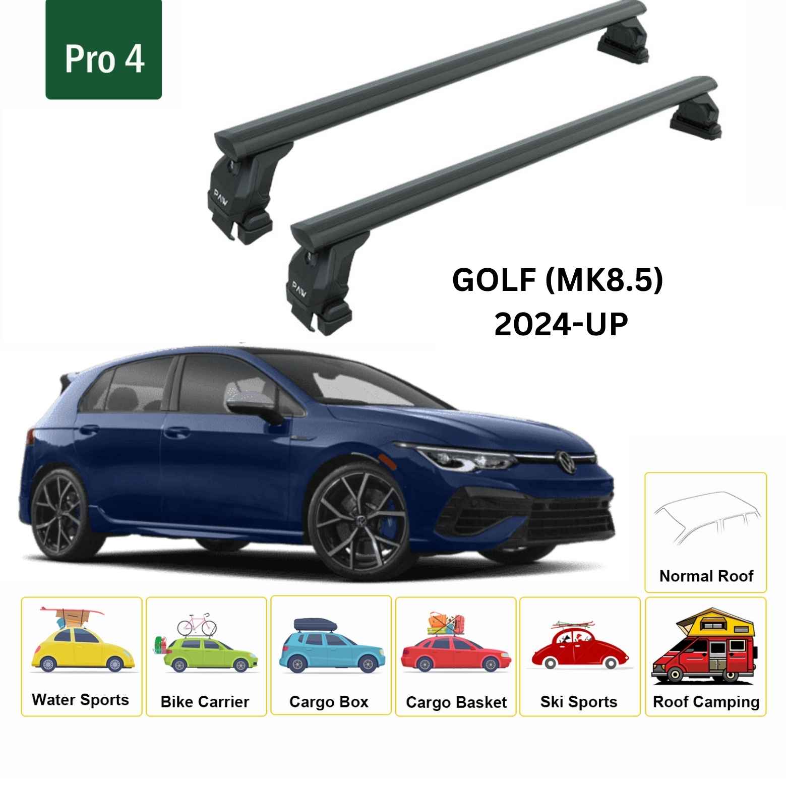 For Volkswagen Golf 5D (MK8.5) 2024-Up Roof Rack Cross Bar Normal Roof Alu Black