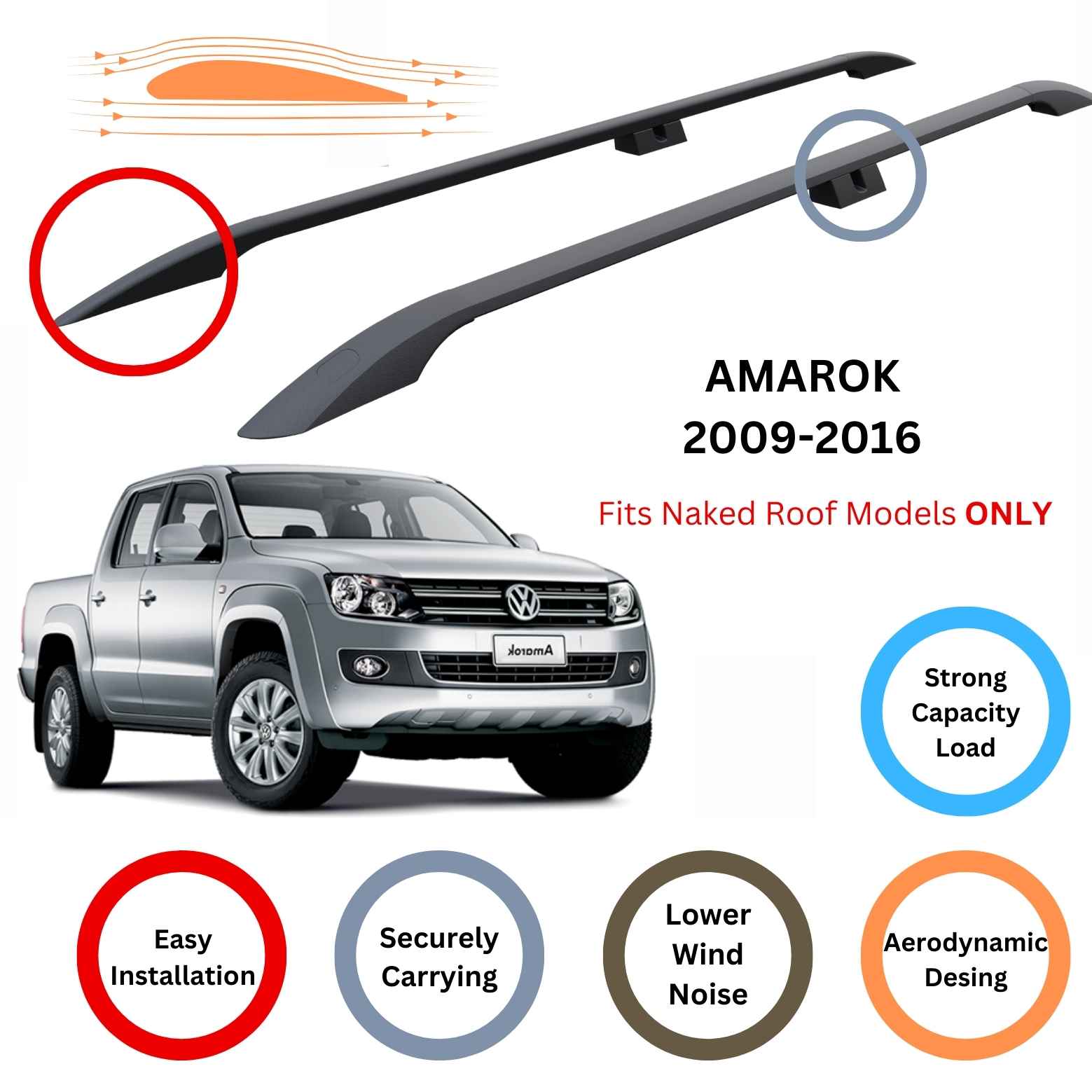 For Volkswagen Amarok 2010-2021 Roof Side Rails and Roof Rack Cross Bar Alu Black